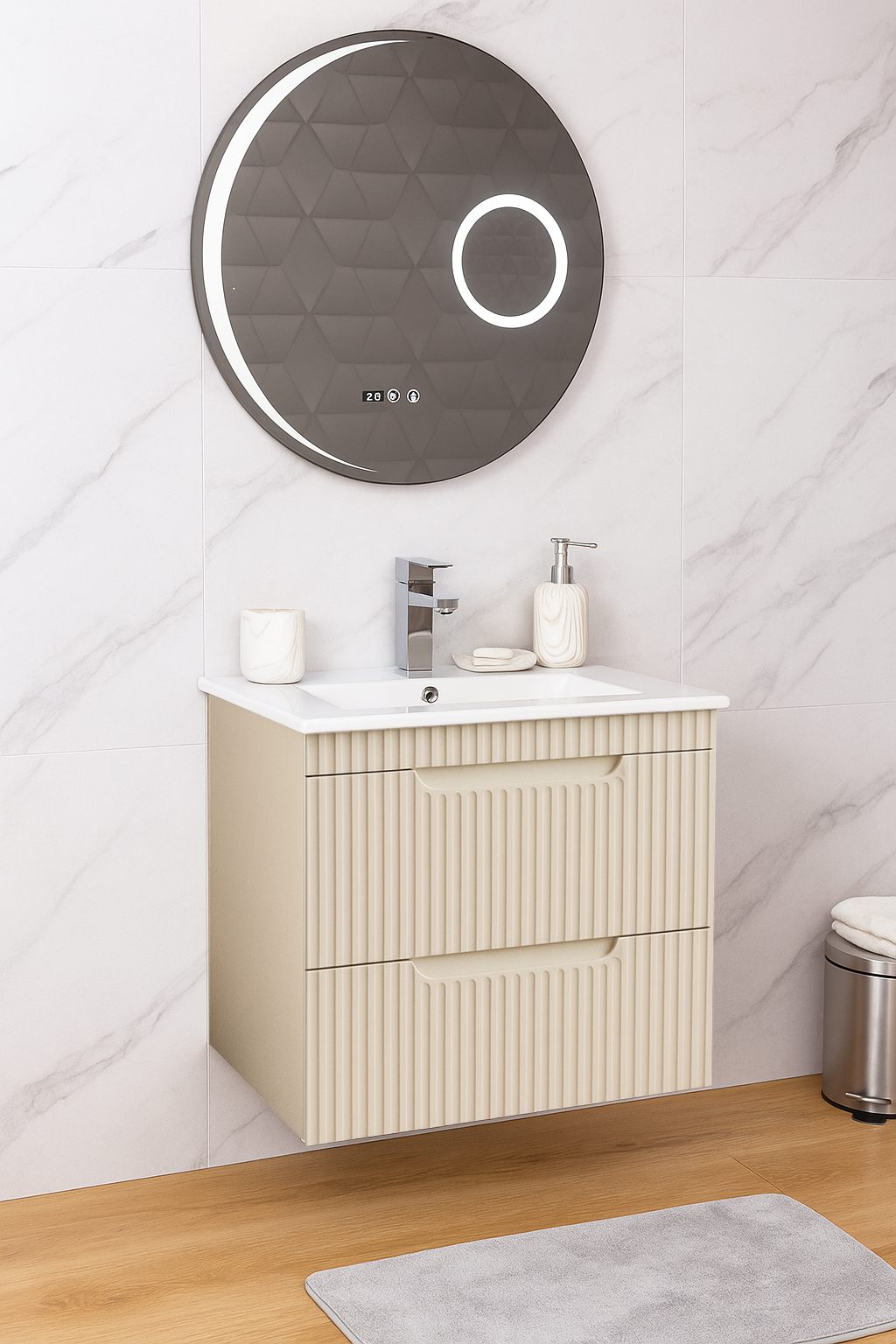 Set Mobilier Baie cu lavoar și Oglindă, Seria 033, Suspendat, Sertare, 60cm, Crem