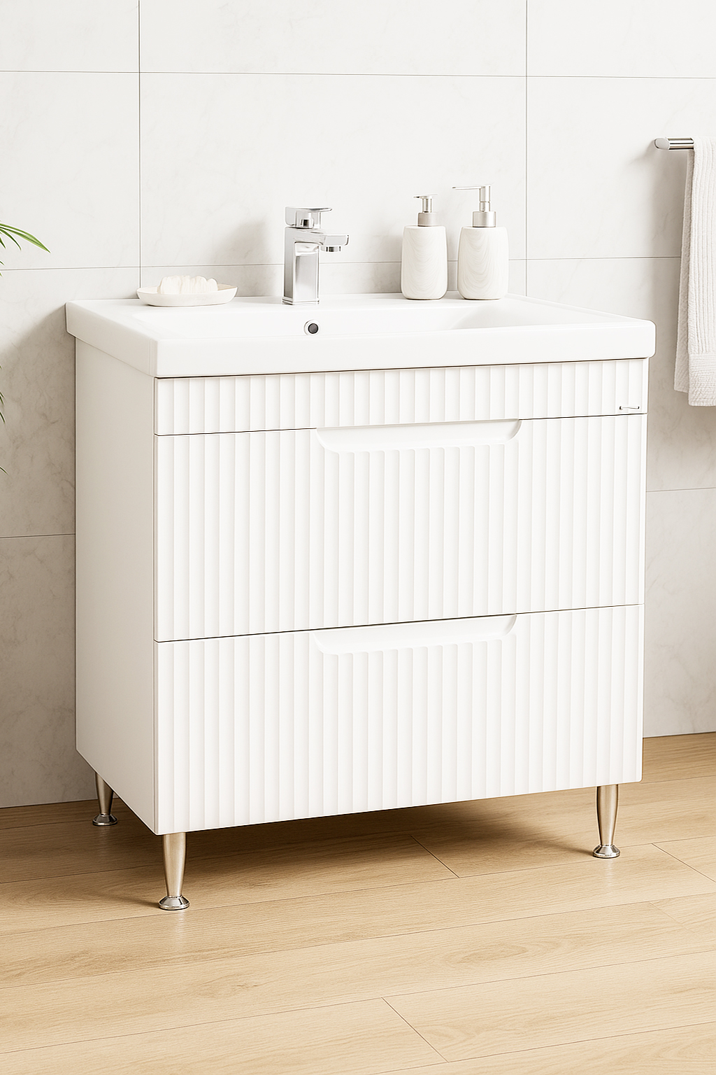 Mobilier Baie MDF și lavoar, Seria 733, Sertare, 80cm, Alb rustic