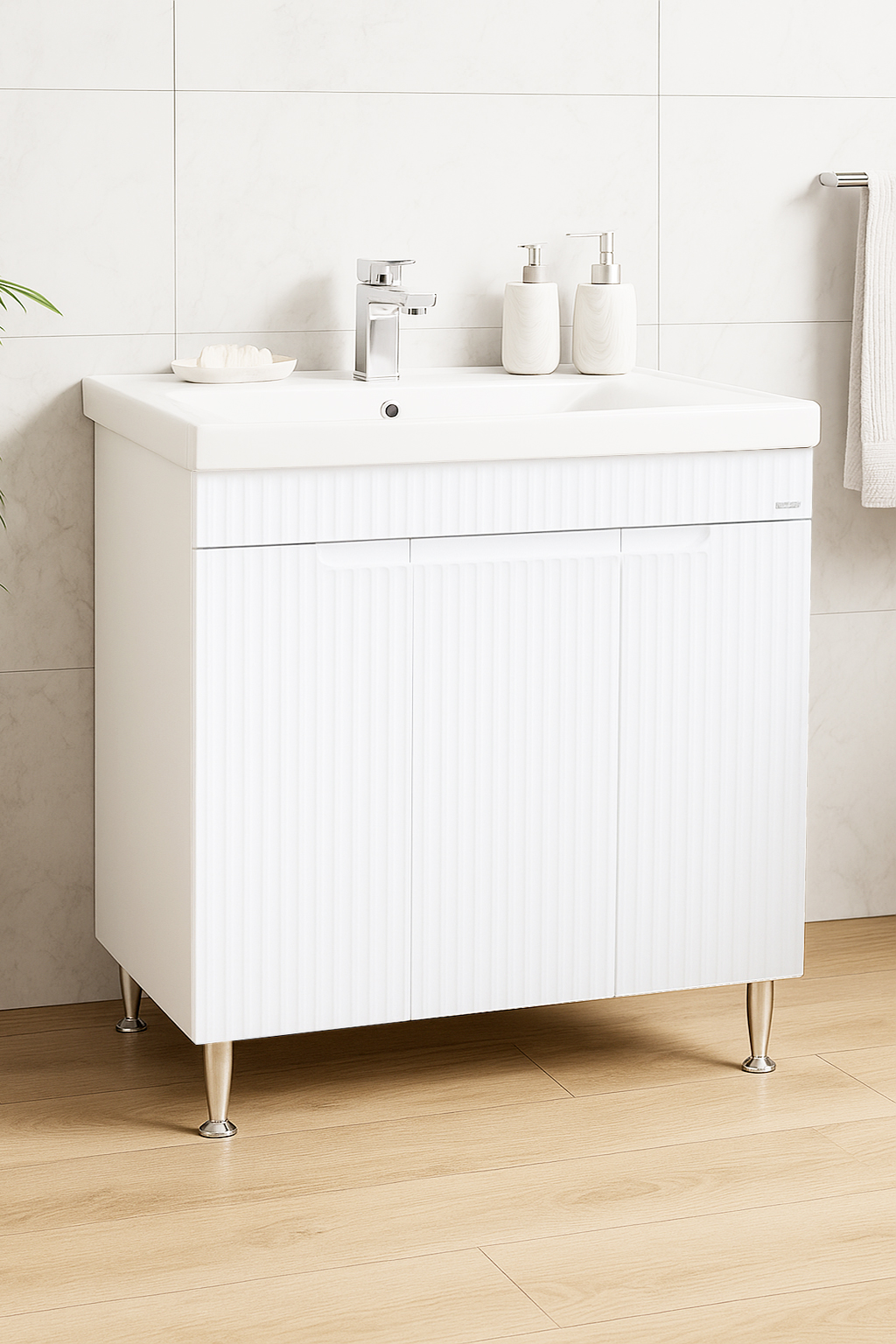Mobilier Baie MDF și lavoar, Seria 733, 80cm, Alb rustic