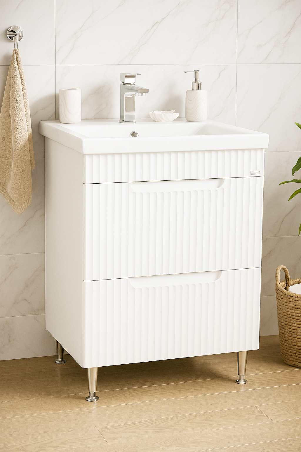 Mobilier Baie MDF și lavoar, Seria 733, Sertare, 60cm, Alb rustic