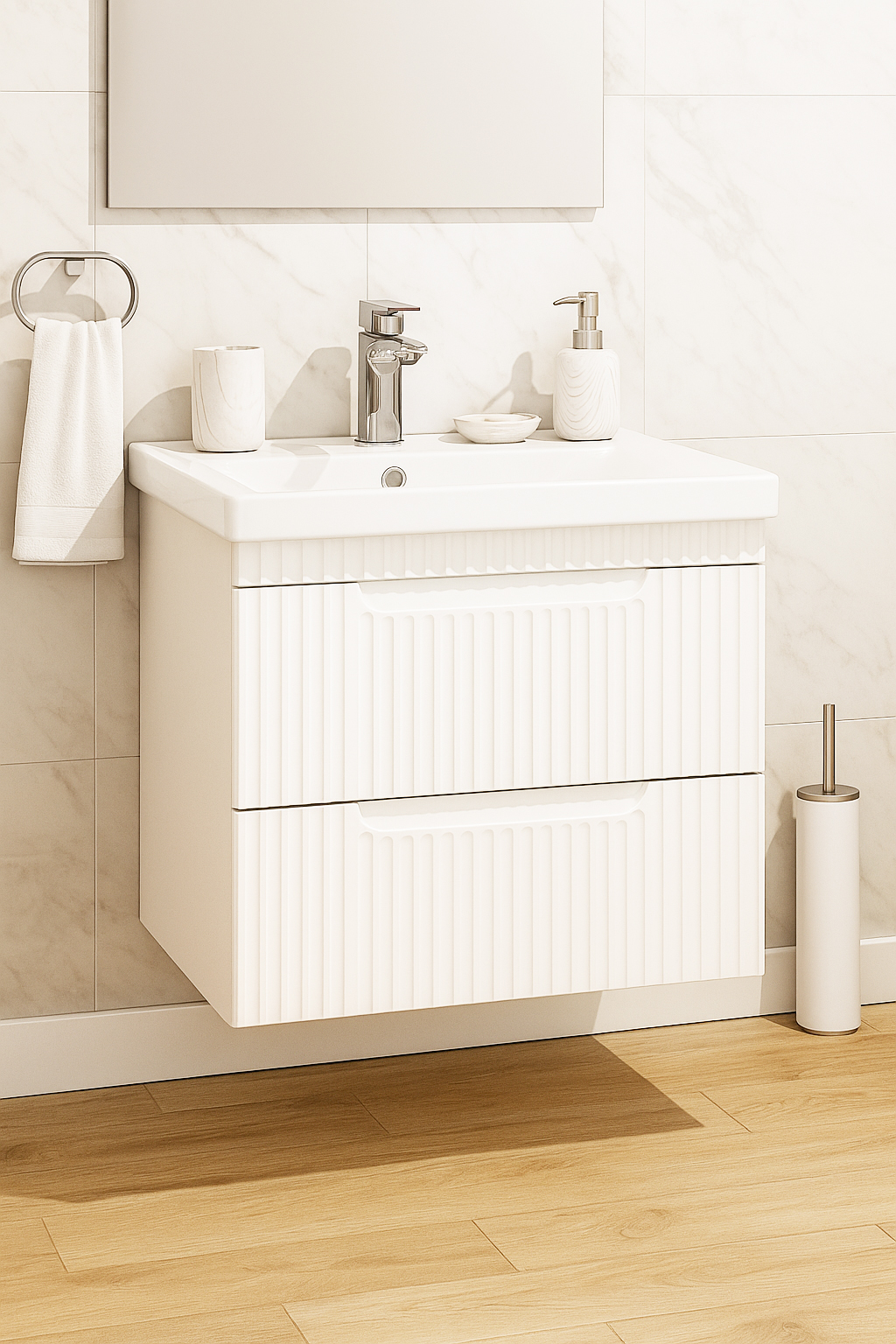 Mobilier Baie și lavoar, Seria 733, Suspendat, Sertare, 60cm, Alb rustic