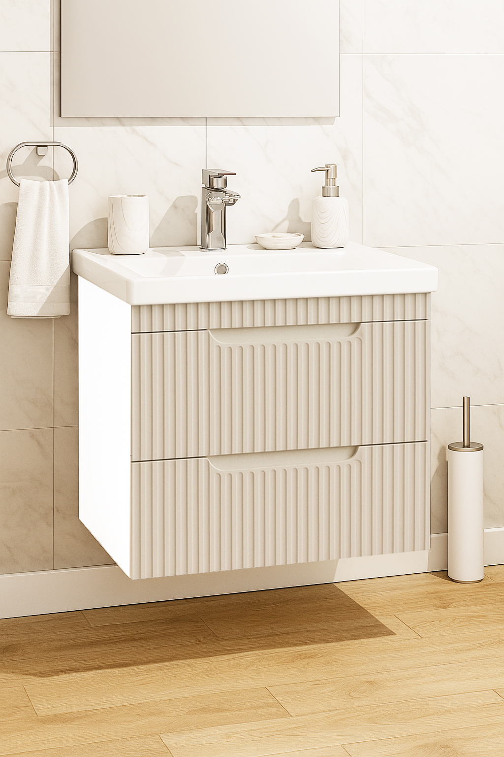 Mobilier Baie și lavoar, Seria 733, Suspendat, Sertare, 60cm, Crem