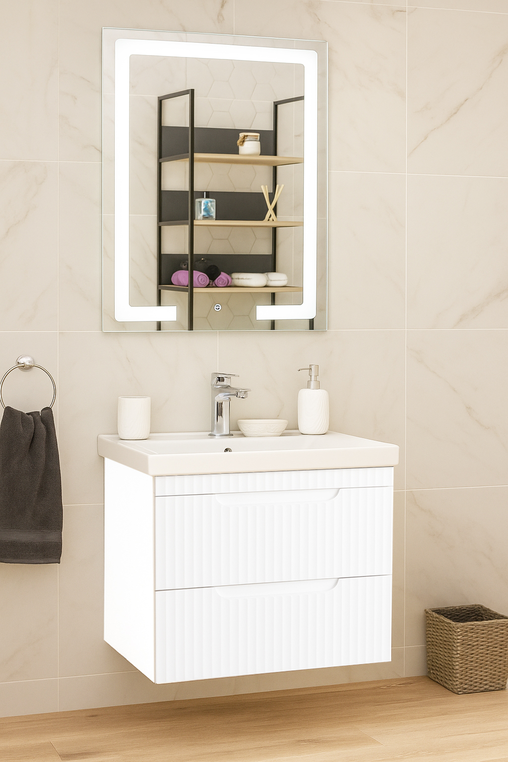 Set Mobilier Baie cu lavoar și Oglindă, Seria 733, Suspendat, Sertare, 60cm, Alb
