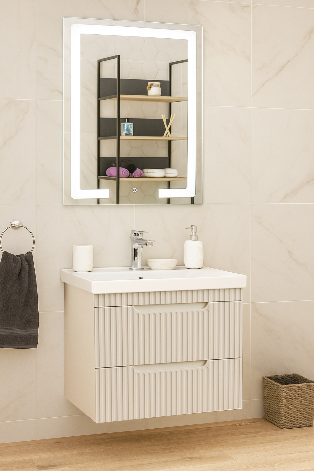 Set Mobilier Baie cu lavoar și Oglindă, Seria 733, Suspendat, Sertare, 60cm, Crem