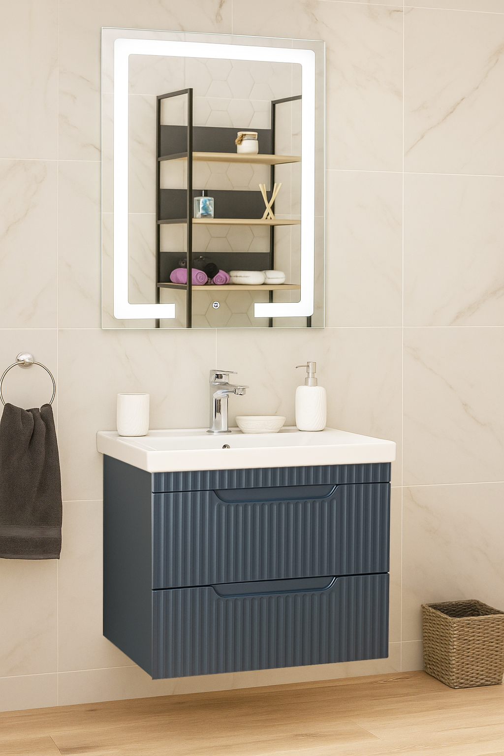 Set Mobilier Baie cu lavoar și Oglindă, Seria 733, Suspendat, Sertare, 60cm, Antracit