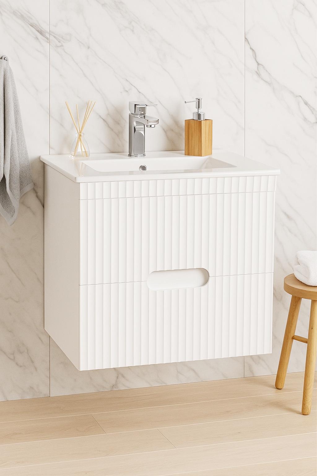 Mobilier Baie MDF Kit și lavoar, Seria 009, Suspendat, Sertare, 60cm, Alb