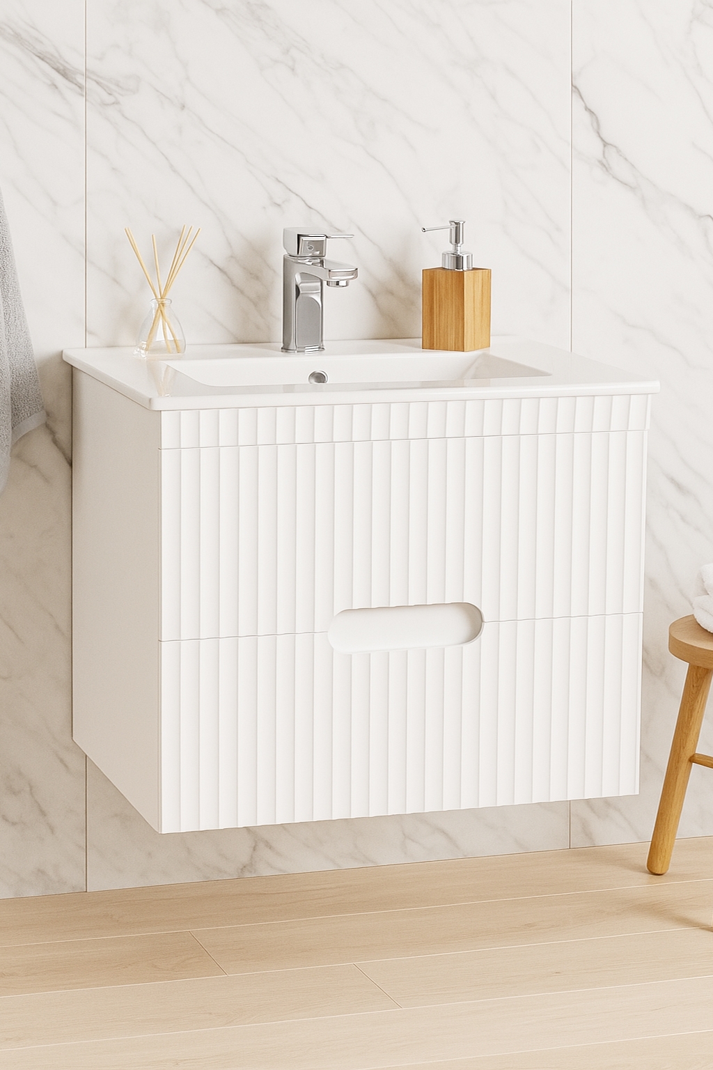 Mobilier Baie MDF Kit și lavoar, Seria 009, Suspendat, Sertare, 70cm, Alb