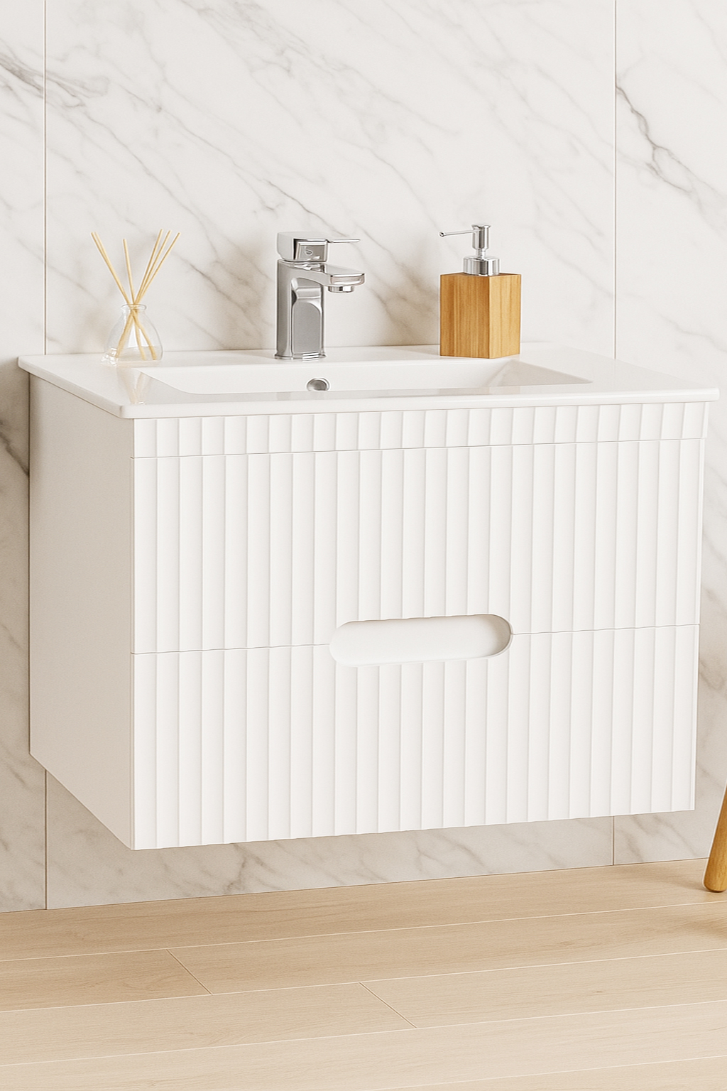 Mobilier Baie MDF Kit și lavoar, Seria 009, Suspendat, Sertare, 80cm, Alb
