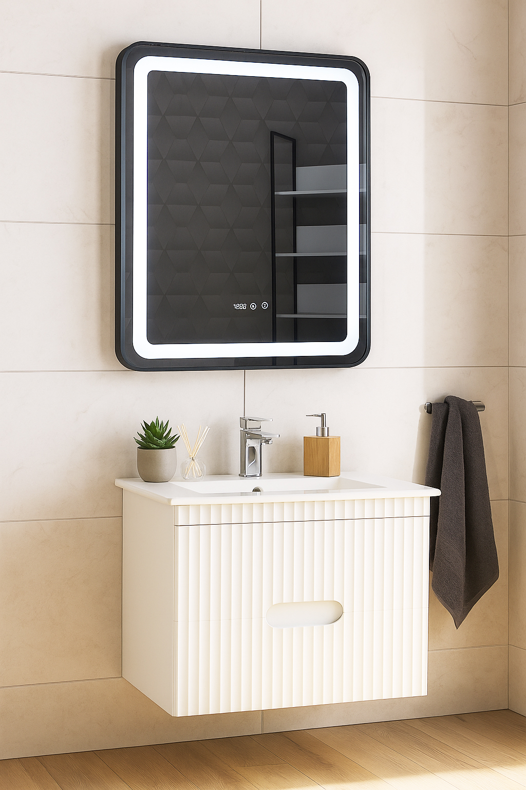 Set Mobilier Baie cu lavoar și Oglindă, Seria 009, Suspendat, Sertare, 70cm, Alb
