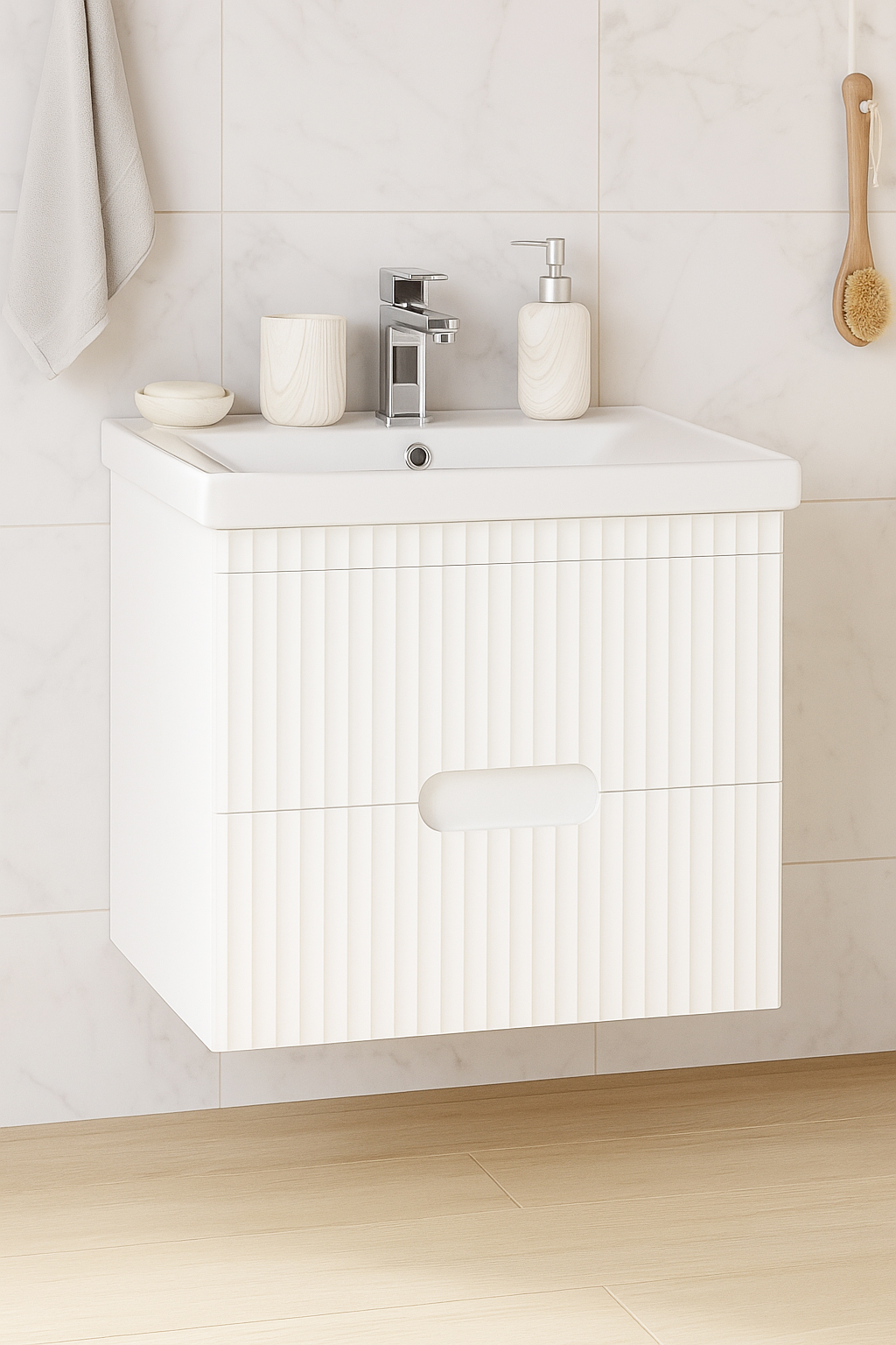 Mobilier Baie MDF Kit și lavoar, Seria 709, Suspendat, Sertare, 60cm, Alb
