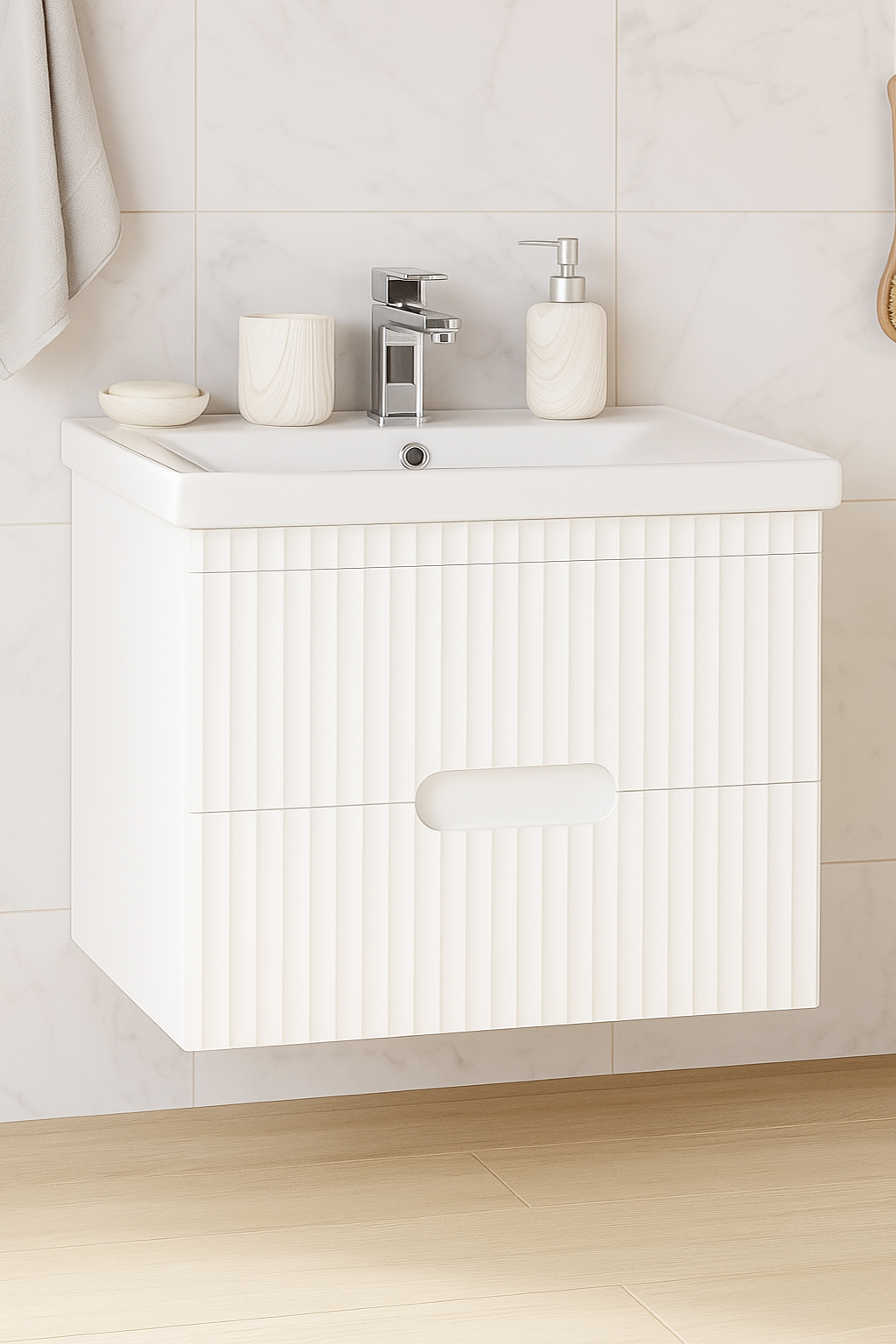 Mobilier Baie MDF Kit și lavoar, Seria 709, Suspendat, Sertare, 70cm, Alb