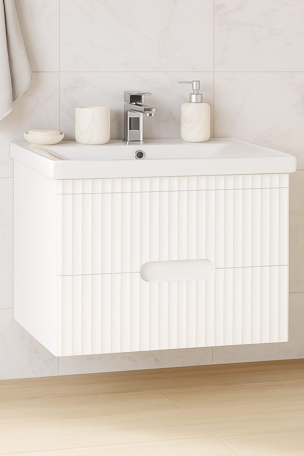 Mobilier Baie MDF Kit și lavoar, Seria 709, Suspendat, Sertare, 80cm, Alb