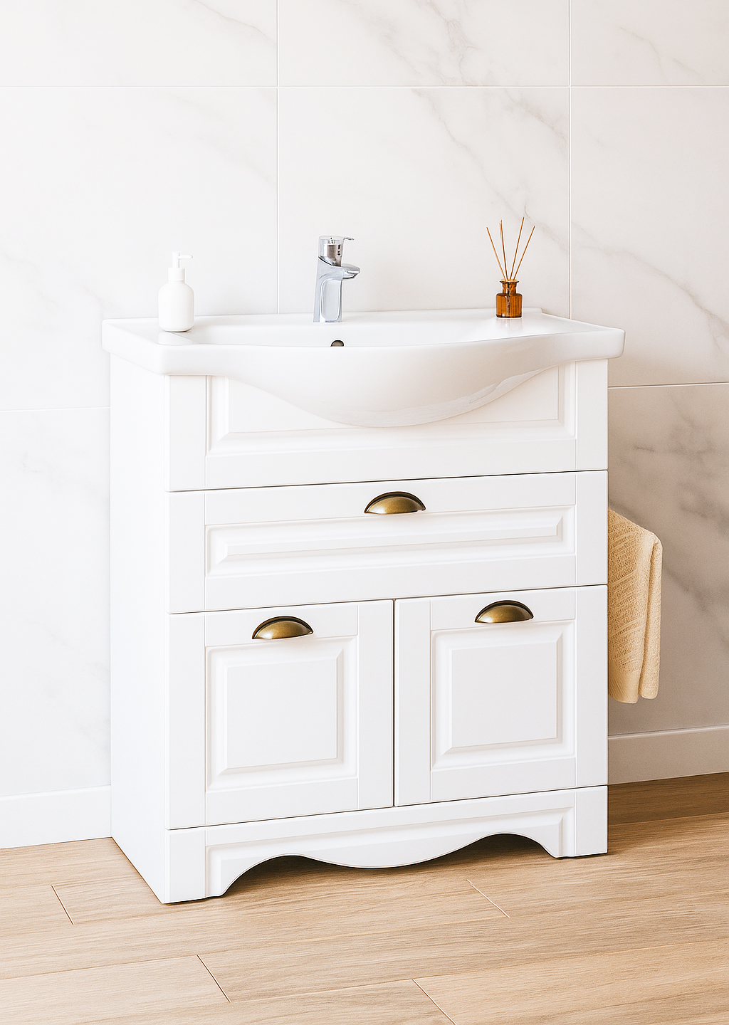 Mobilier Baie MDF și lavoar, Seria 172, 65cm, Alb rustic