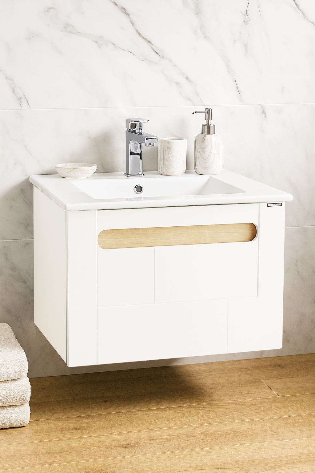 Mobilier Baie și lavoar, Seria 032, Sertare, 60cm, Alb/Sonoma