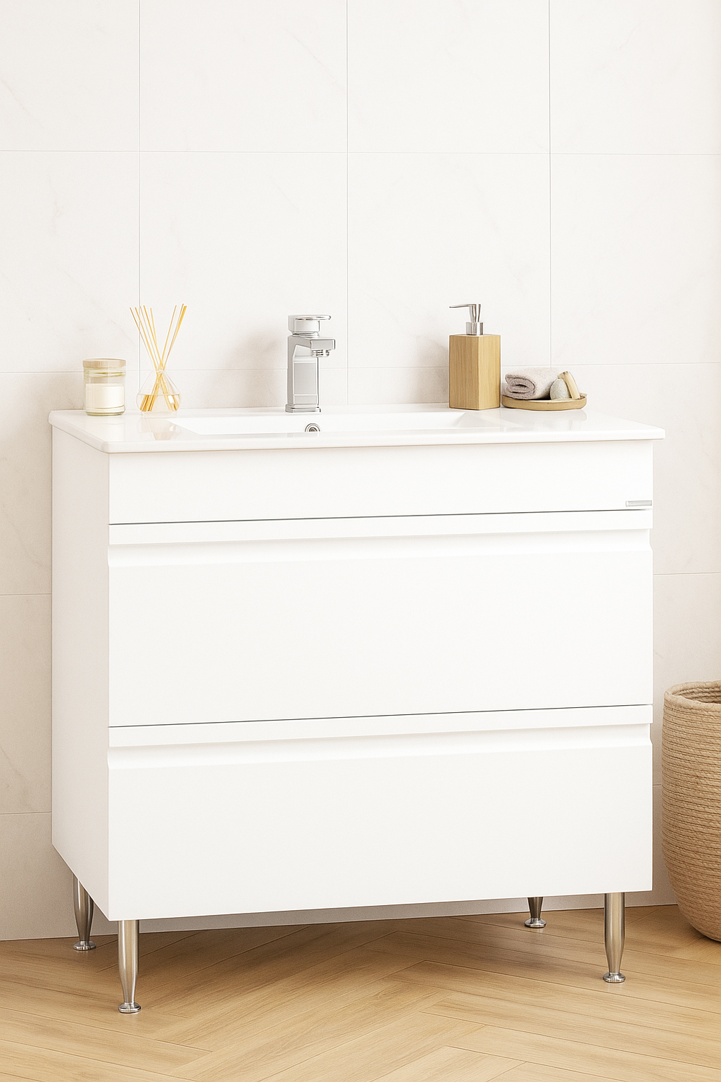 Mobilier Baie MDF și lavoar, Seria 086, Sertare, 80cm, Alb