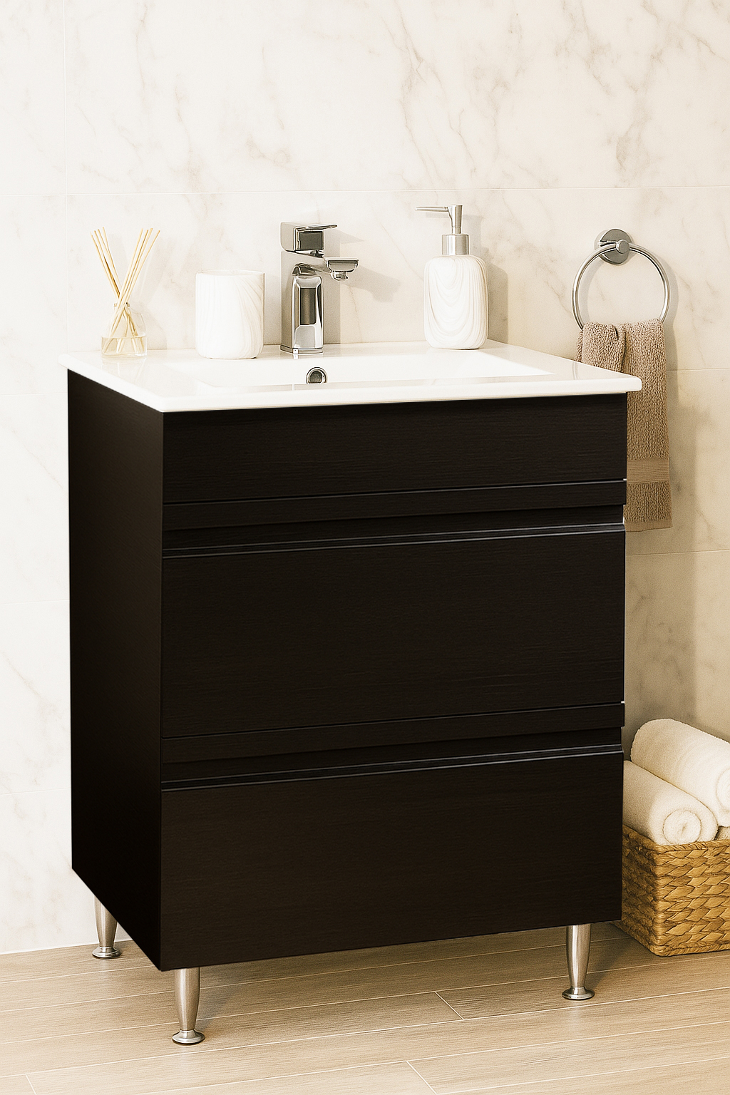 Mobilier Baie MDF și lavoar, Seria 086, Sertare, 60cm, Negru