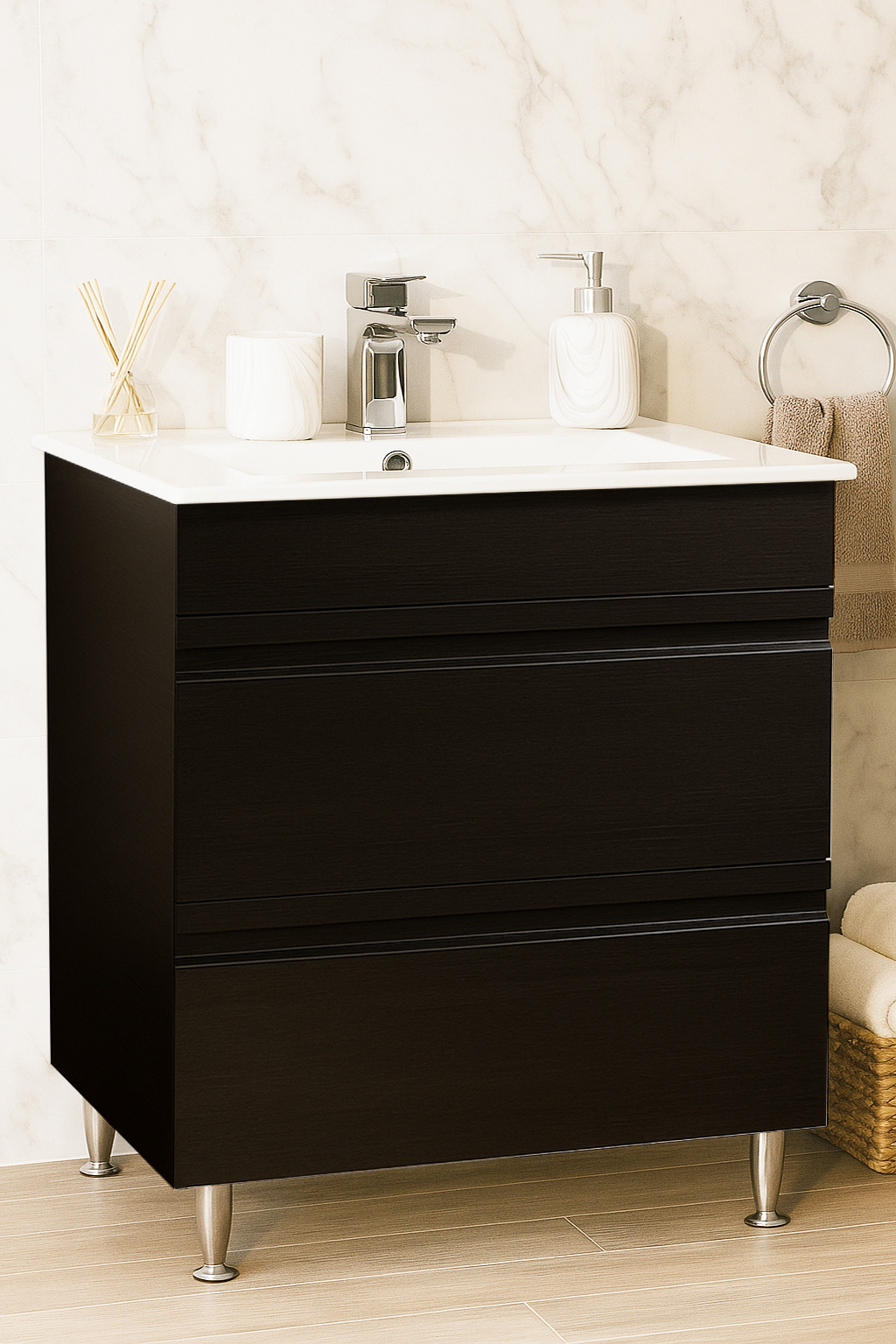 Mobilier Baie MDF și lavoar, Seria 086, Sertare, 70cm, Negru