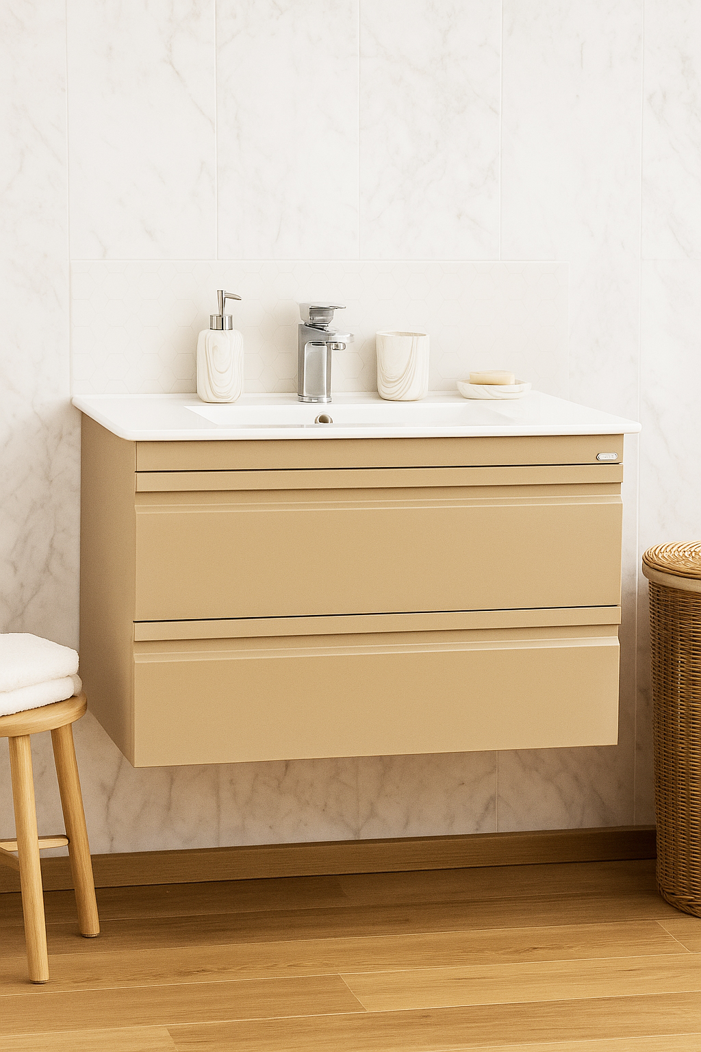 Mobilier Baie MDF și lavoar, Seria 086, Suspendat, Sertare, 80cm, Cappuccino