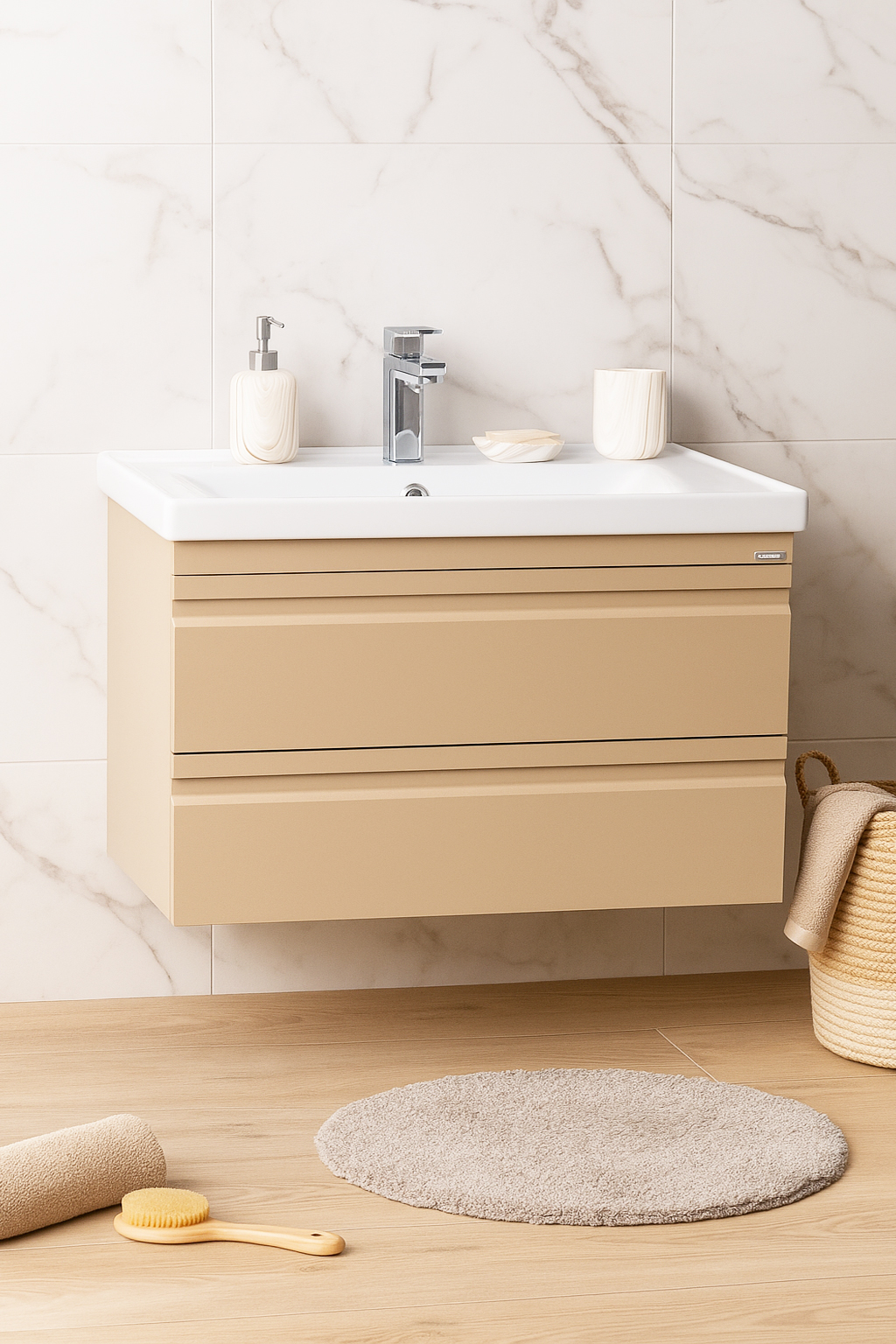 Mobilier Baie MDF și lavoar, Seria 786, Suspendat, Sertare, 80cm, Cappuccino
