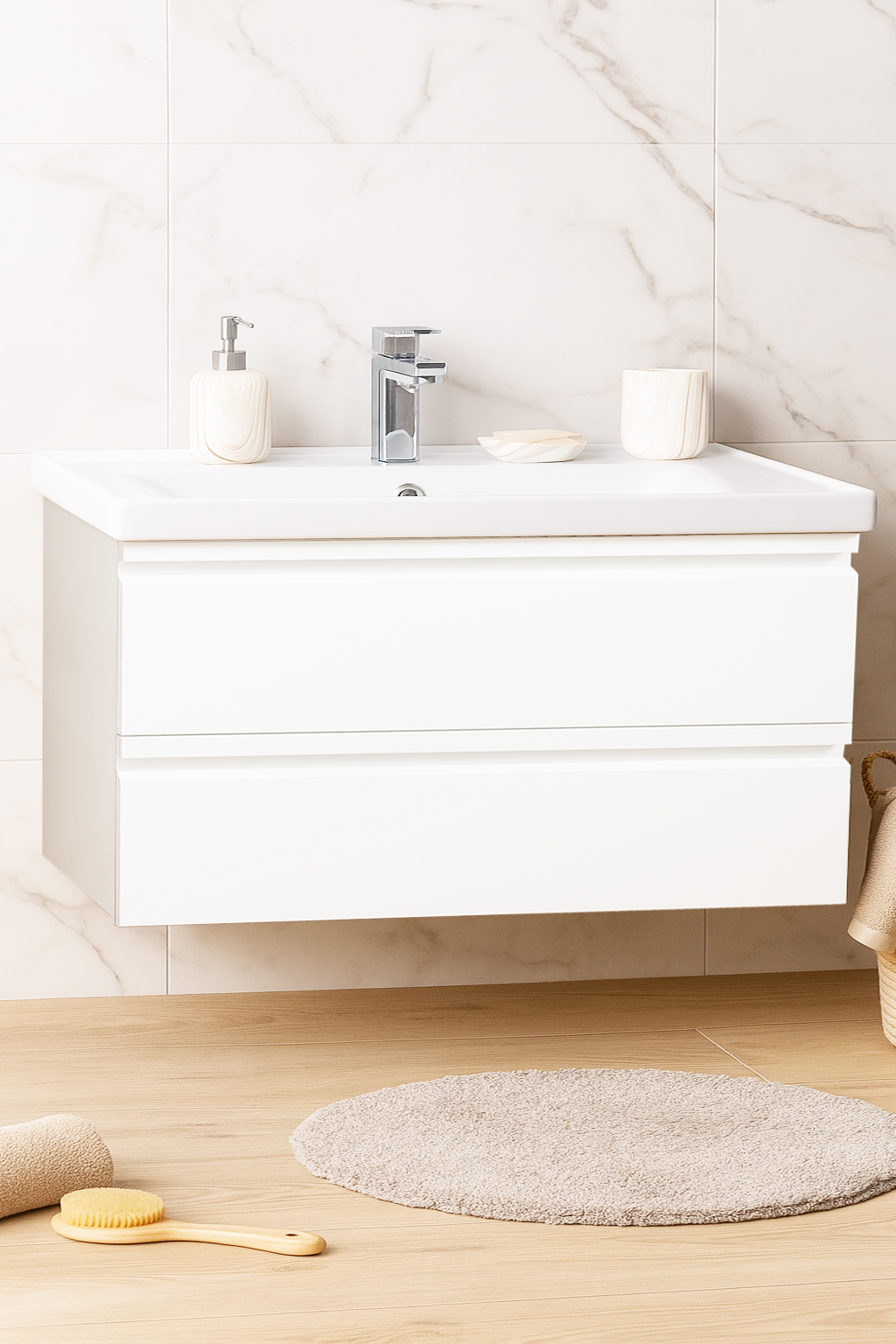 Mobilier baie MDF kit și lavoar Seria 786, 100cm, suspendată cu sertare, alb