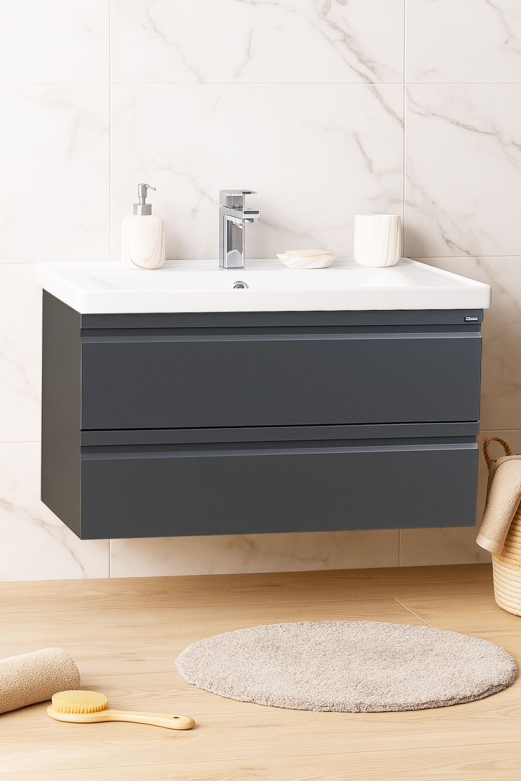 Mobilier Baie MDF Kit și lavoar, Seria 786, Suspendat, Sertare, 90cm, Antracit