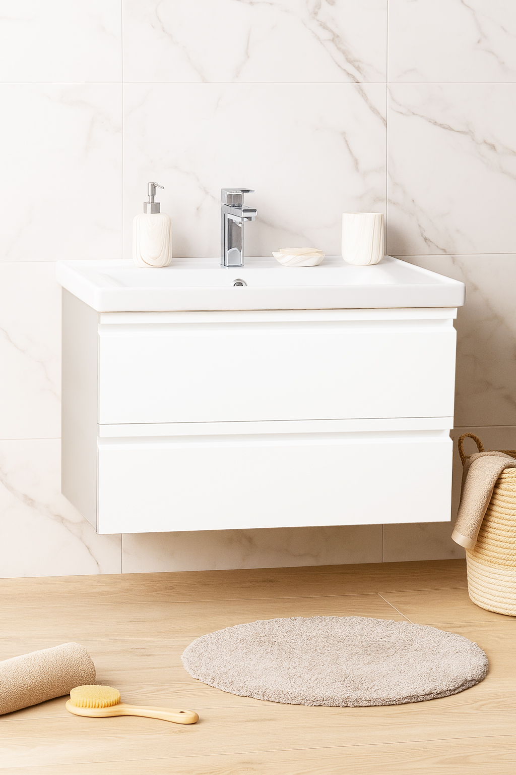 Mobilier Baie MDF și lavoar Seria 786, Suspendat, Sertare, 80cm, Alb