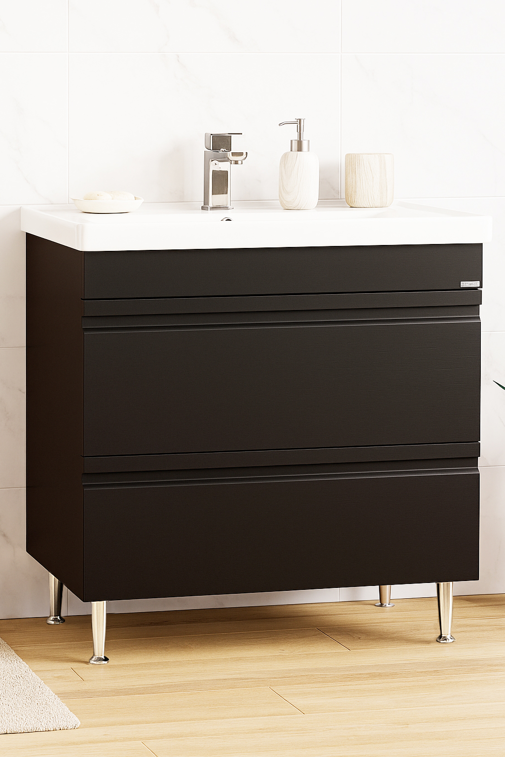 Mobilier Baie MDF și lavoar, Seria 786, Sertare, 80cm, Negru