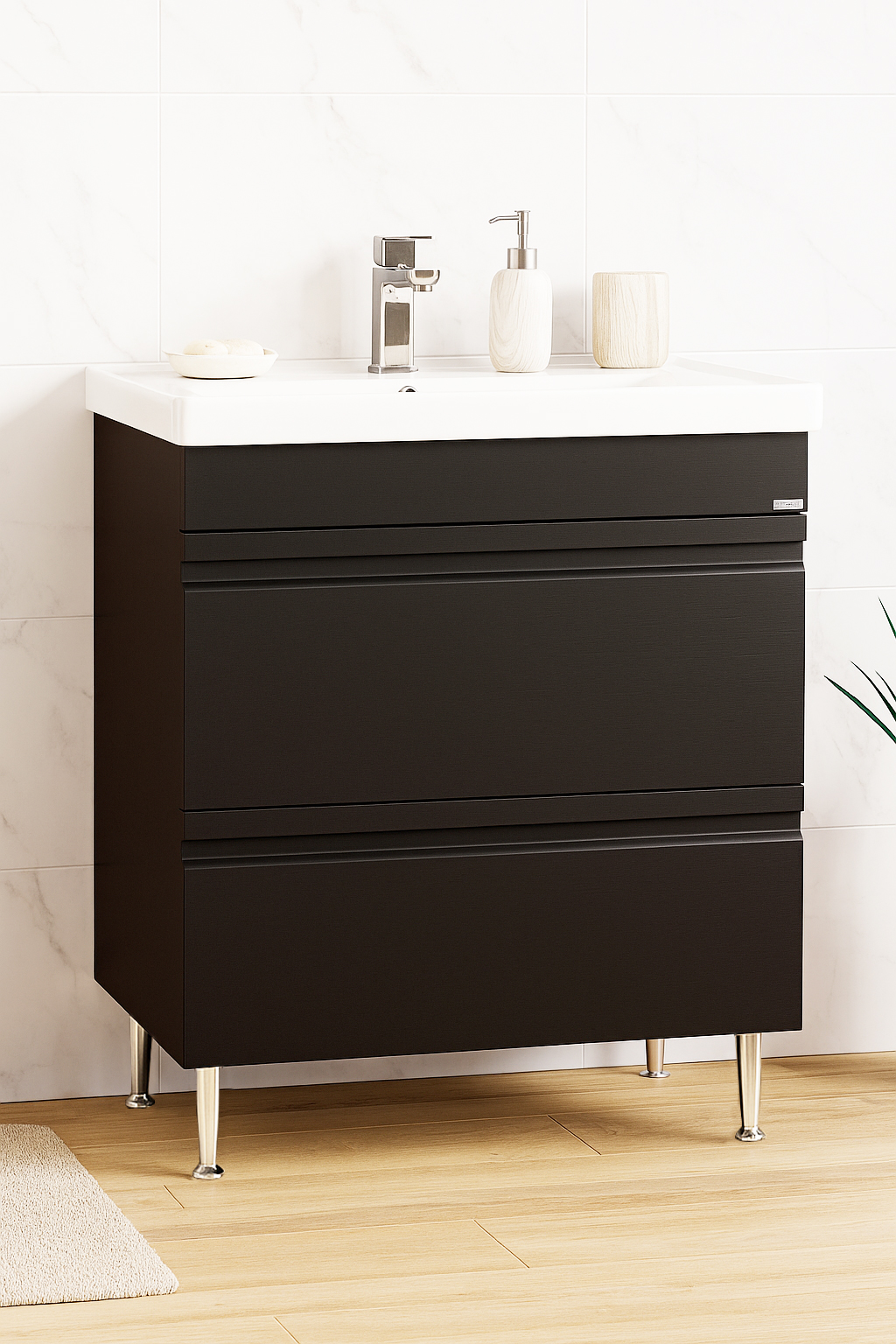 Mobilier Baie MDF și lavoar, Seria 786, Sertare, 70cm, Negru