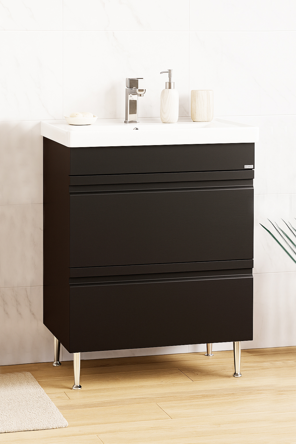 Mobilier Baie MDF și lavoar, Seria 786, Sertare, 60cm, Negru