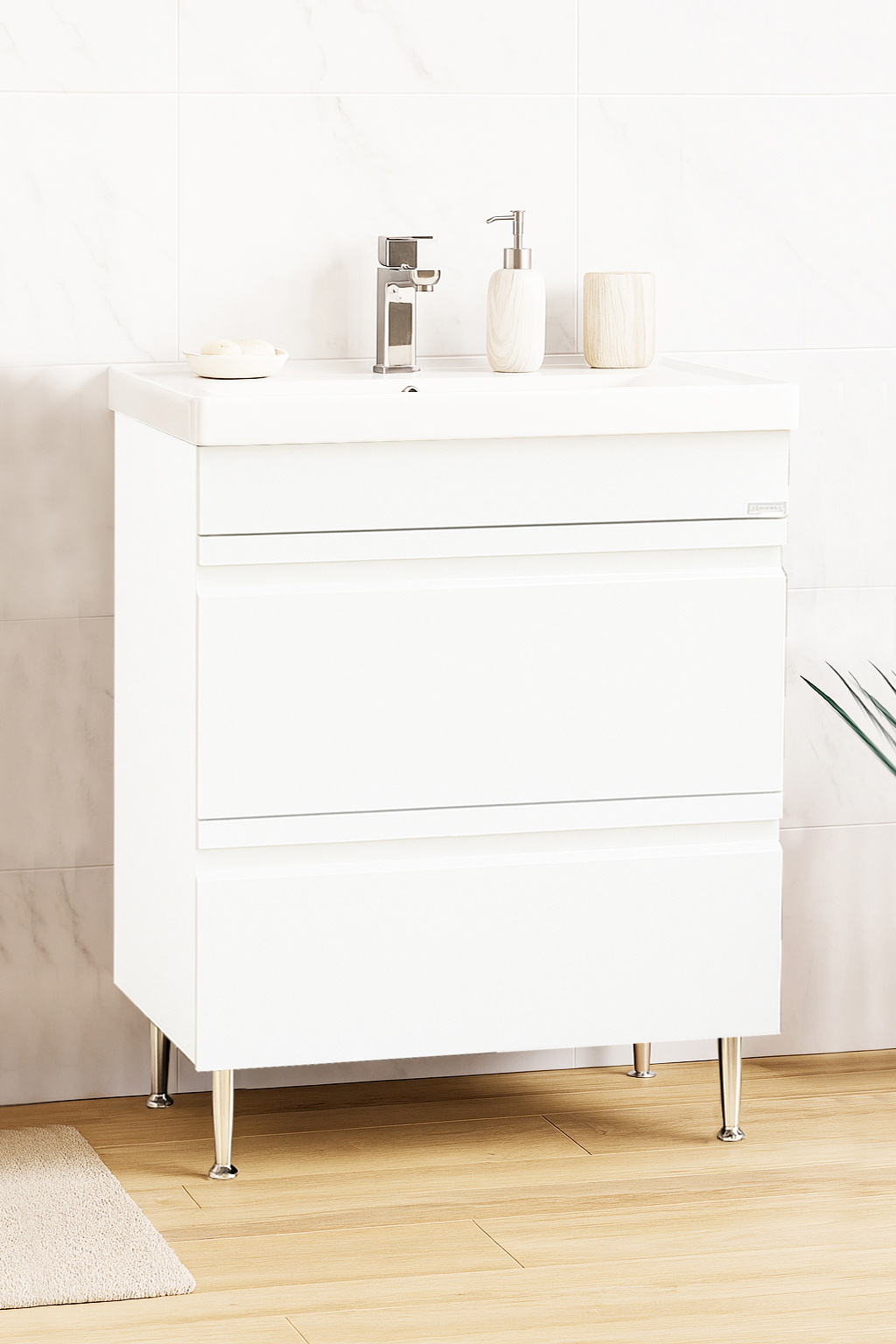 Mobilier Baie MDF și lavoar, Seria 786, Sertare, 65cm, Alb