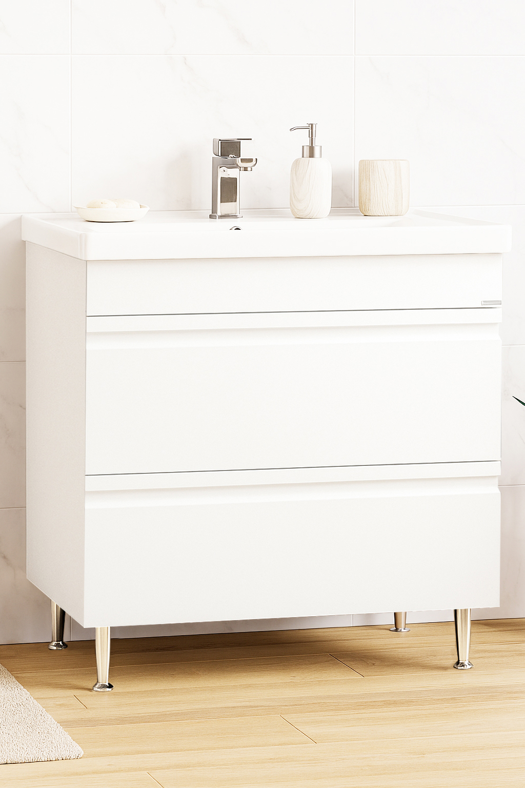 Mobilier Baie MDF și lavoar, Seria 786, Sertare, 80cm, Alb