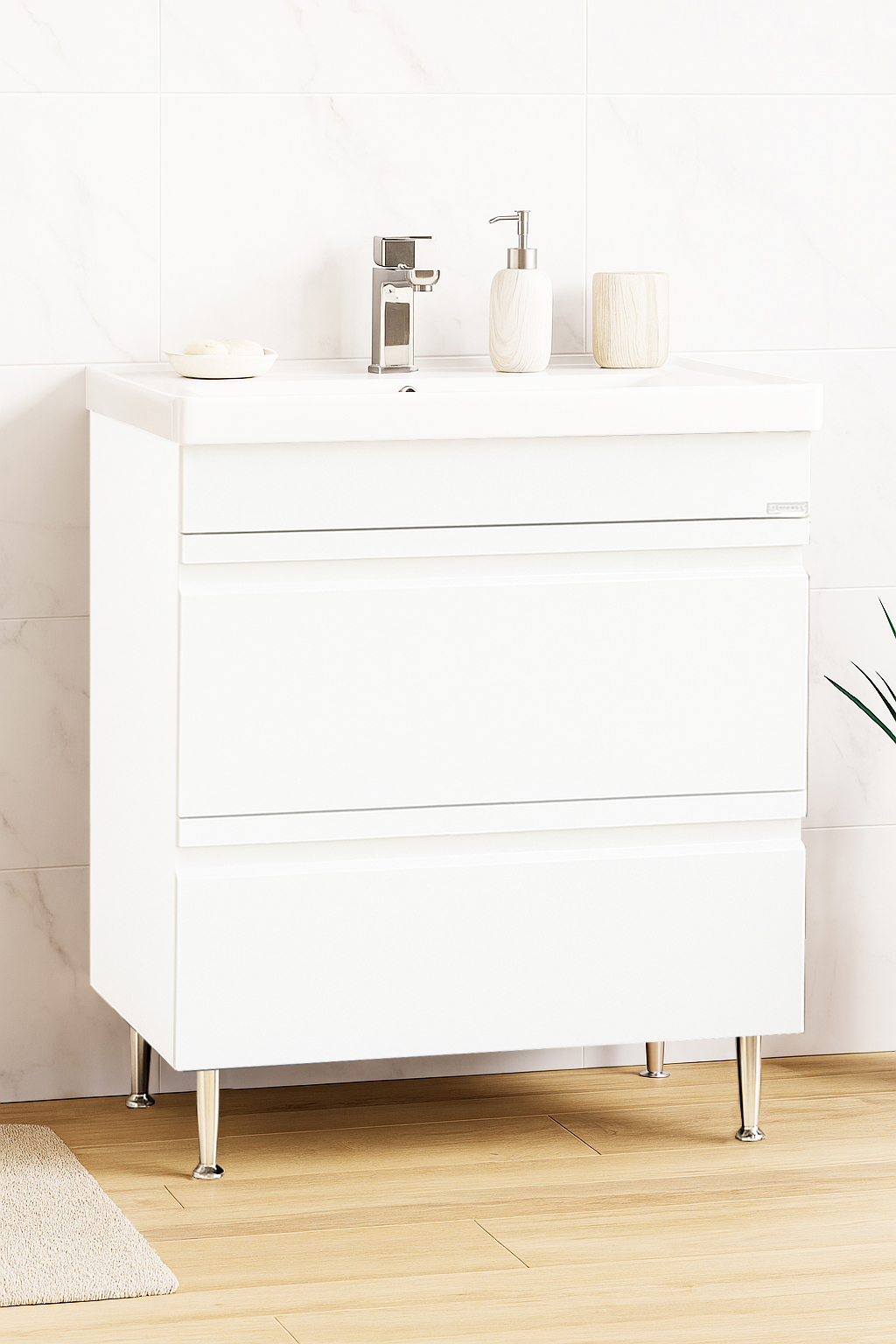 Mobilier Baie MDF și lavoar, Seria 786, Sertare, 70cm, Alb