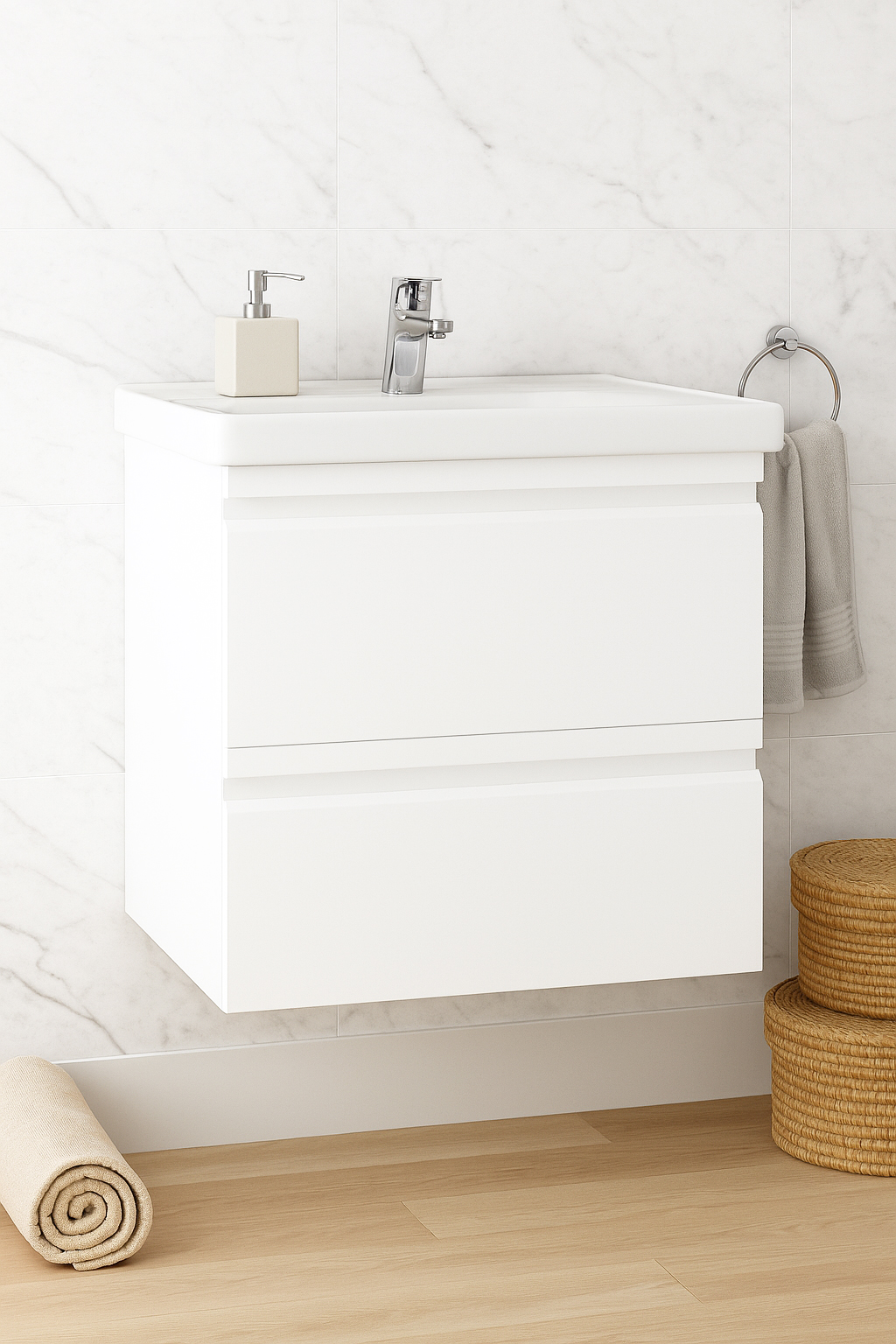 Mobilier Baie MDF și lavoar, Seria 786, Suspendat, Sertare, 60cm, Alb