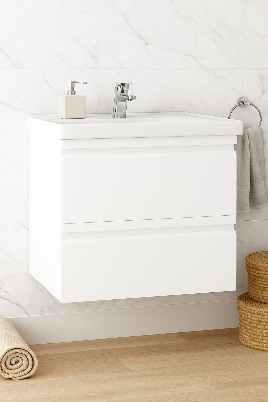 Mobilier Baie MDF și lavoar, Seria 786, Suspendat, Sertare, 65cm, Alb