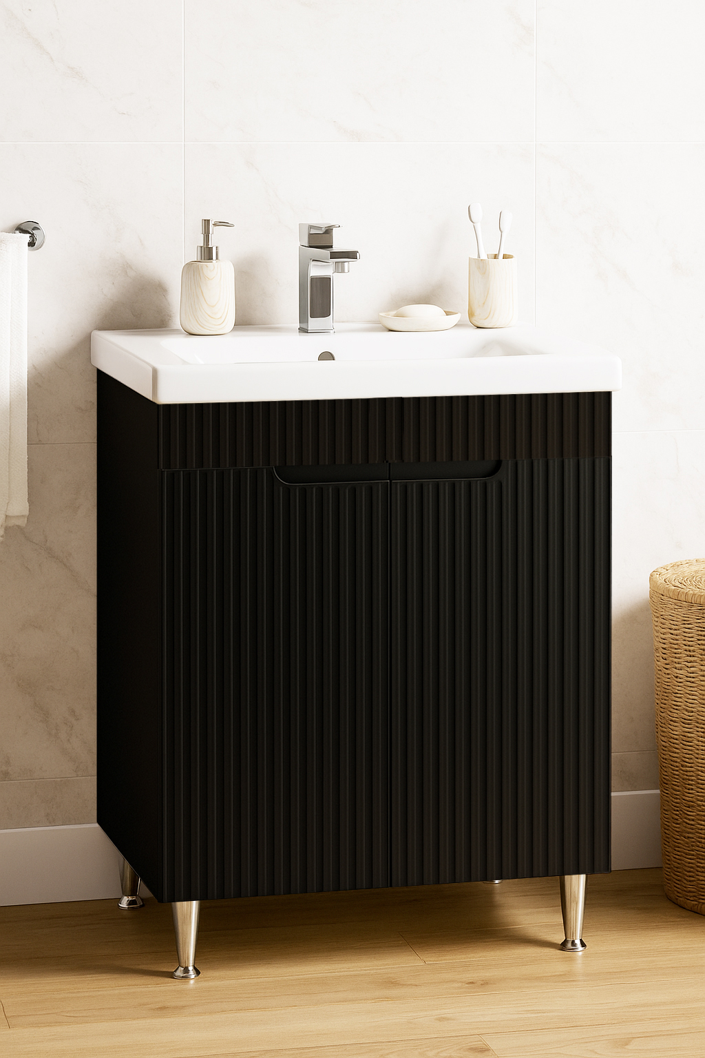 Mobilier Baie MDF și lavoar, Seria 733, 60cm, Negru