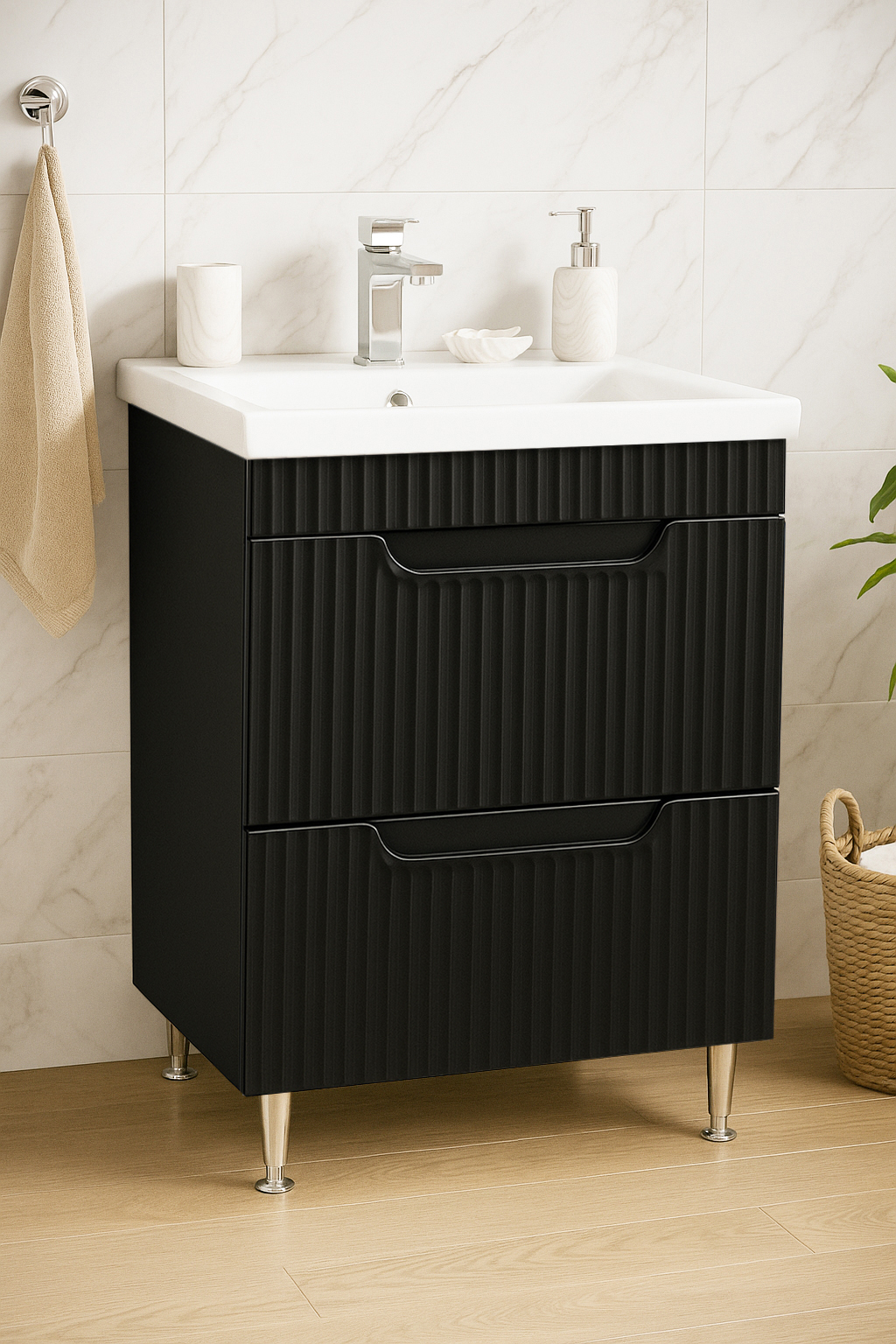 Mobilier Baie MDF și lavoar, Seria 733, Sertare, 60cm, Negru