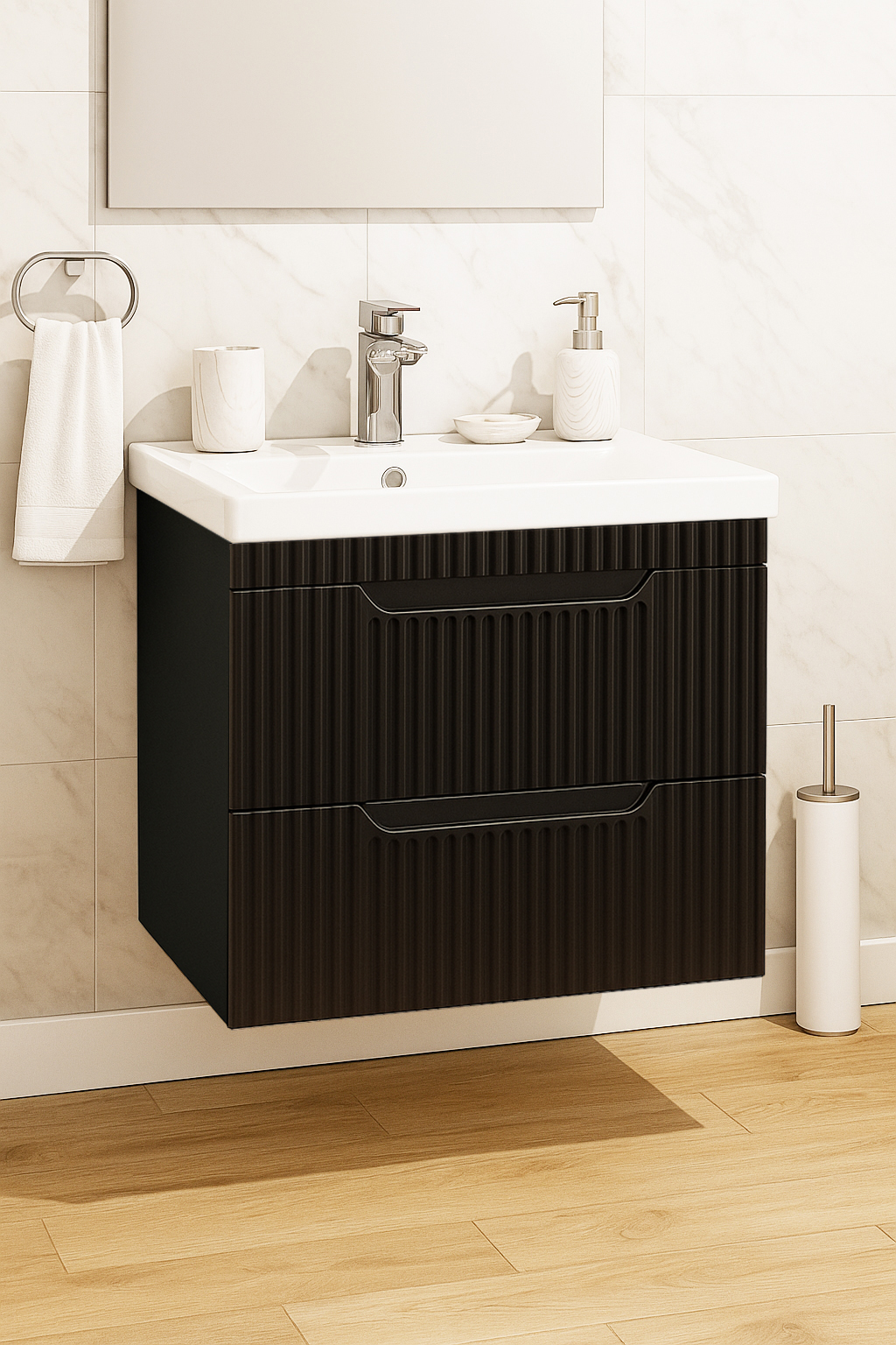 Mobilier baie MDF și lavoar, Seria 733, Suspendat, Sertare, 60cm, Negru