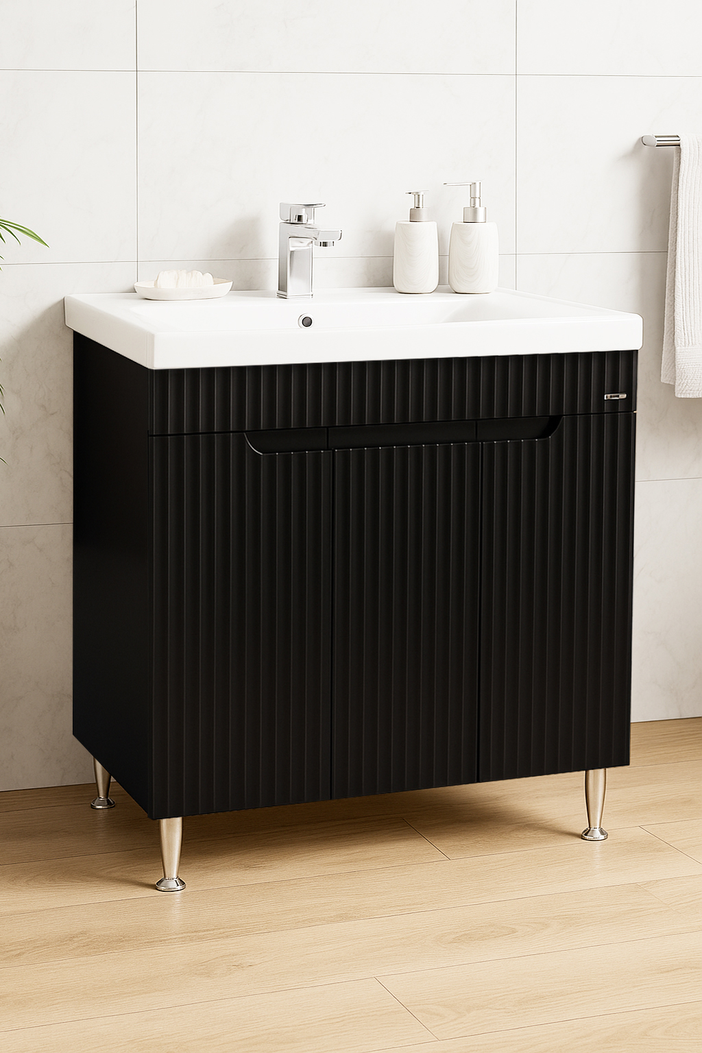 Mobilier Baie MDF și lavoar, Seria 733, 80cm, Negru