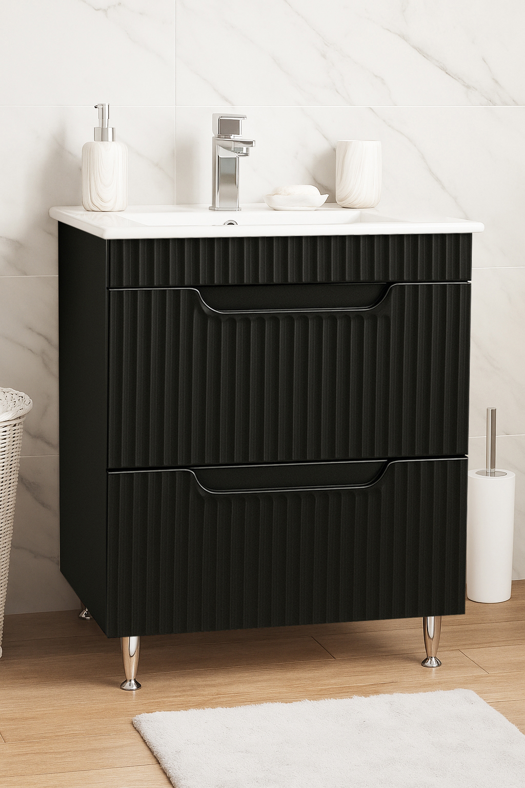 Mobilier Baie MDF și lavoar, Seria 033, Sertare, 60cm, Negru