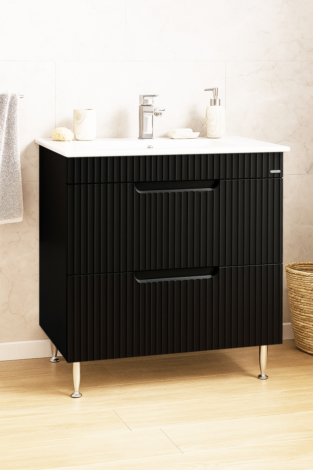Mobilier Baie MDF și lavoar, Seria 033, Sertare, 80cm, Negru