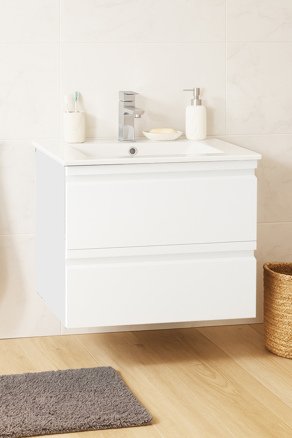 Mobilier Baie MDF kit și lavoar, Seria 086, Suspendat, Sertare, 60cm, Alb