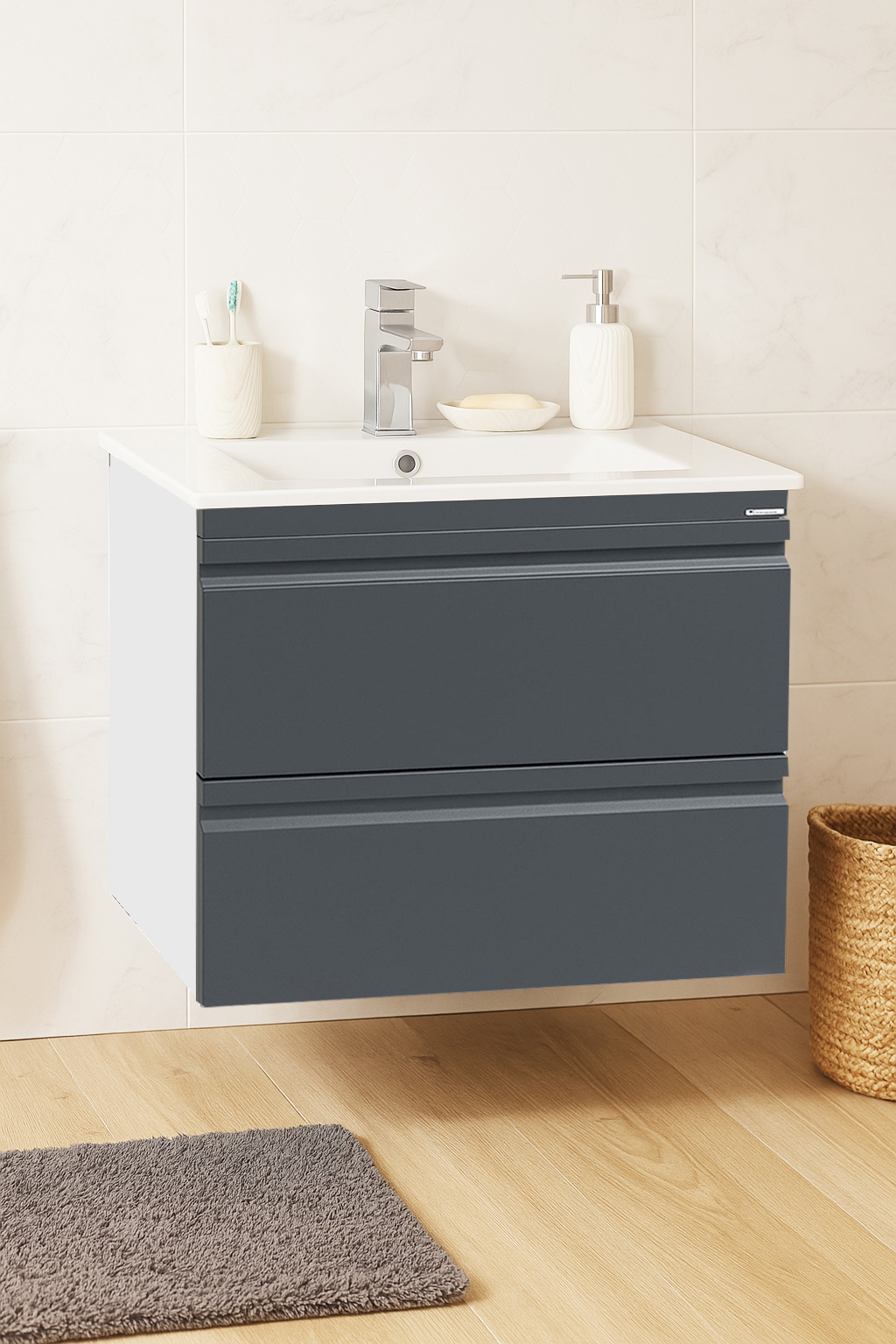 Mobilier Baie MDF kit și lavoar, Seria 086, Suspendat, Sertare, 60cm, Antracit