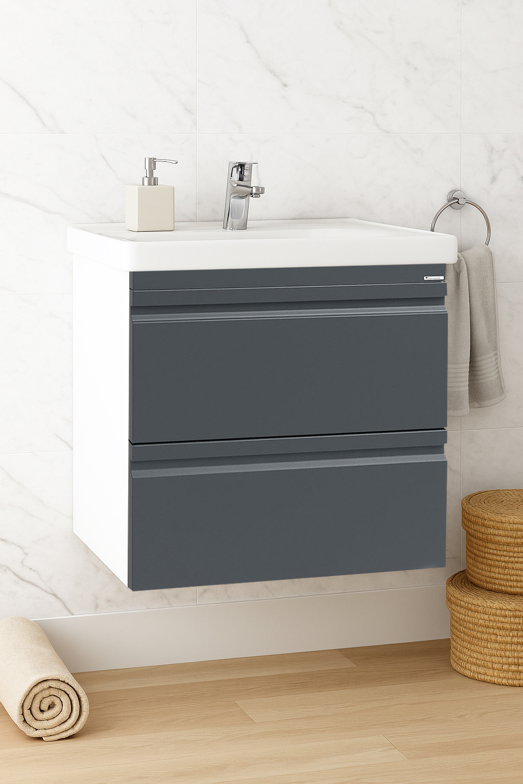 Mobilier Baie MDF kit și lavoar, Seria 786, Suspendat, Sertare, 60cm, Antracit