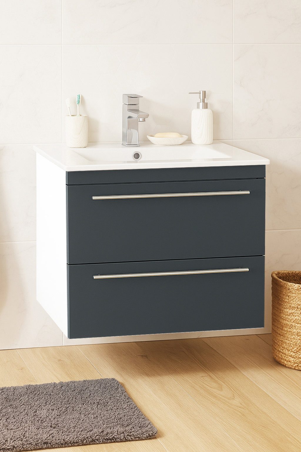 Mobilier Baie MDF kit și lavoar, Seria 066, Suspendat, Sertare, 60cm, Antracit