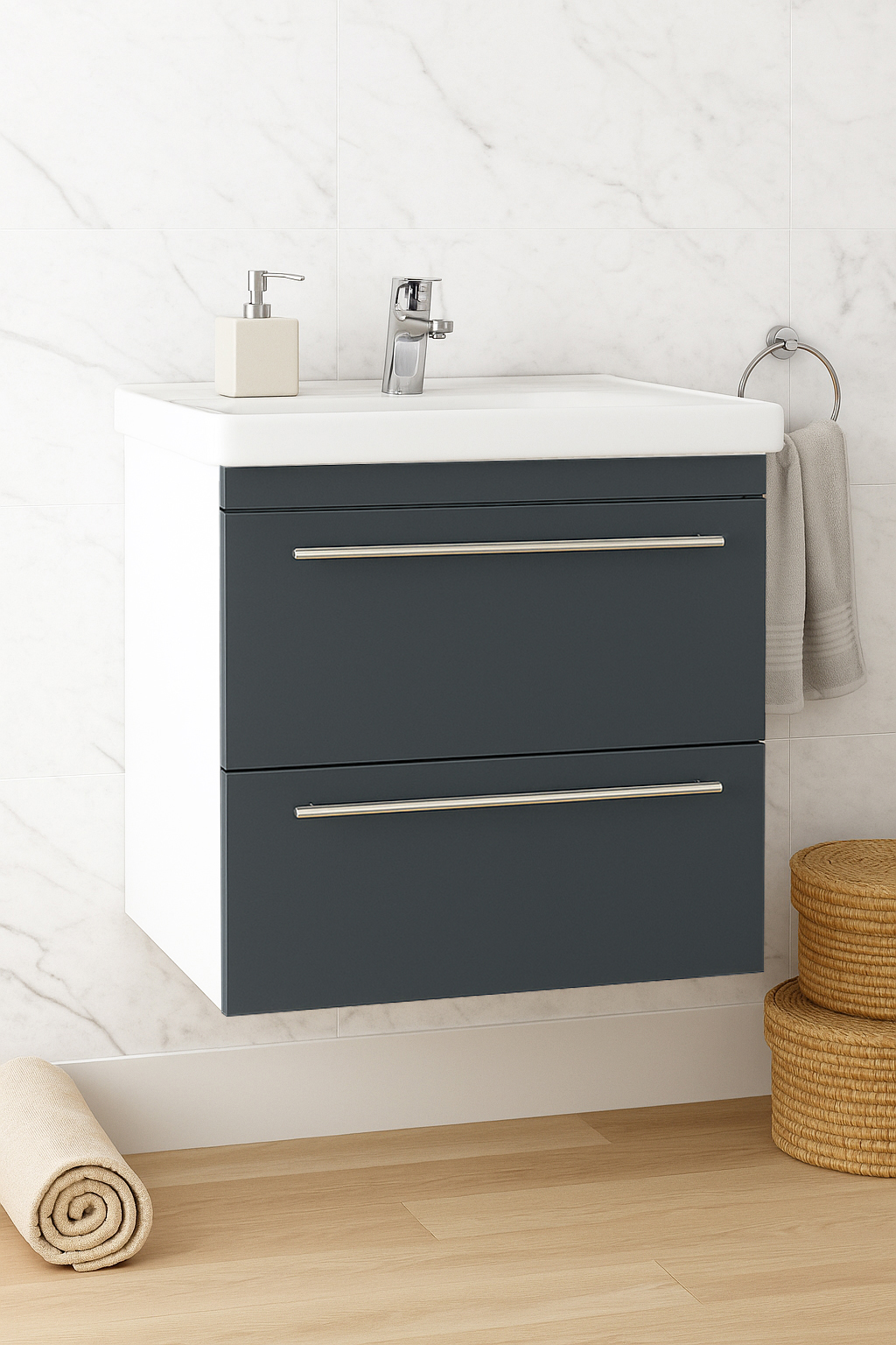 Mobilier Baie MDF Kit și lavoar, Seria 766, Suspendat, Sertare, 60cm, Antracit