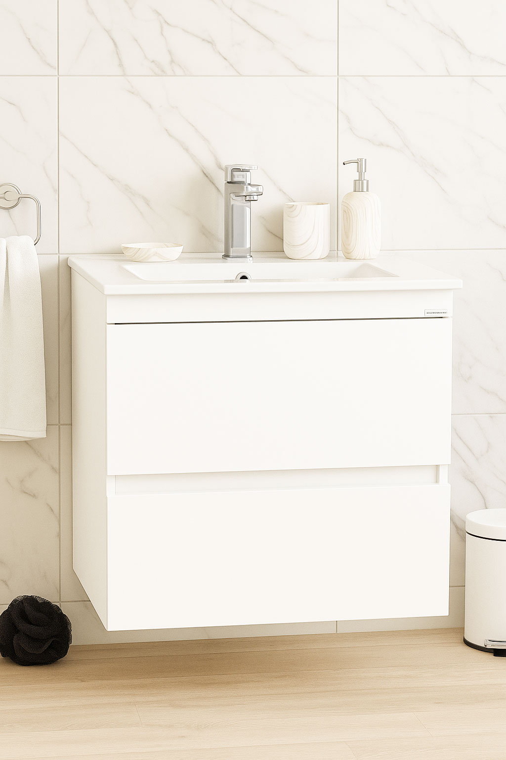 Mobilier Baie MDF și lavoar, Seria 386, Suspendat, Sertare, 60cm, Alb