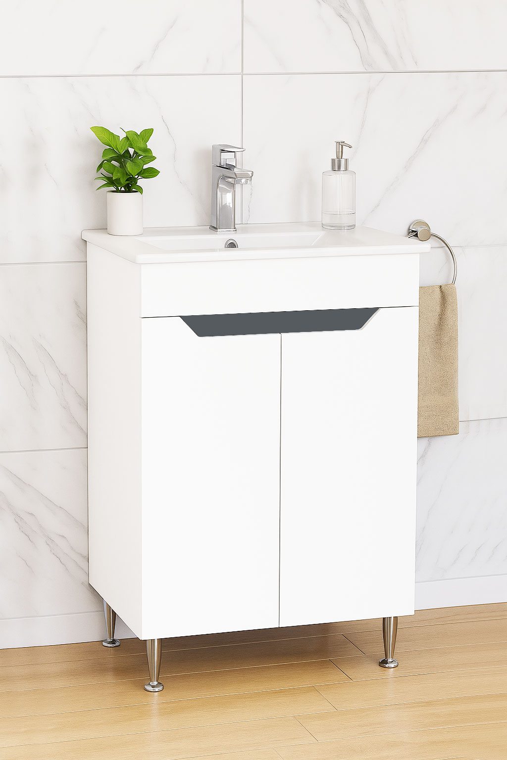 Mobilier Baie MDF Kit și lavoar, Seria 056, 50cm, Alb/Antracit