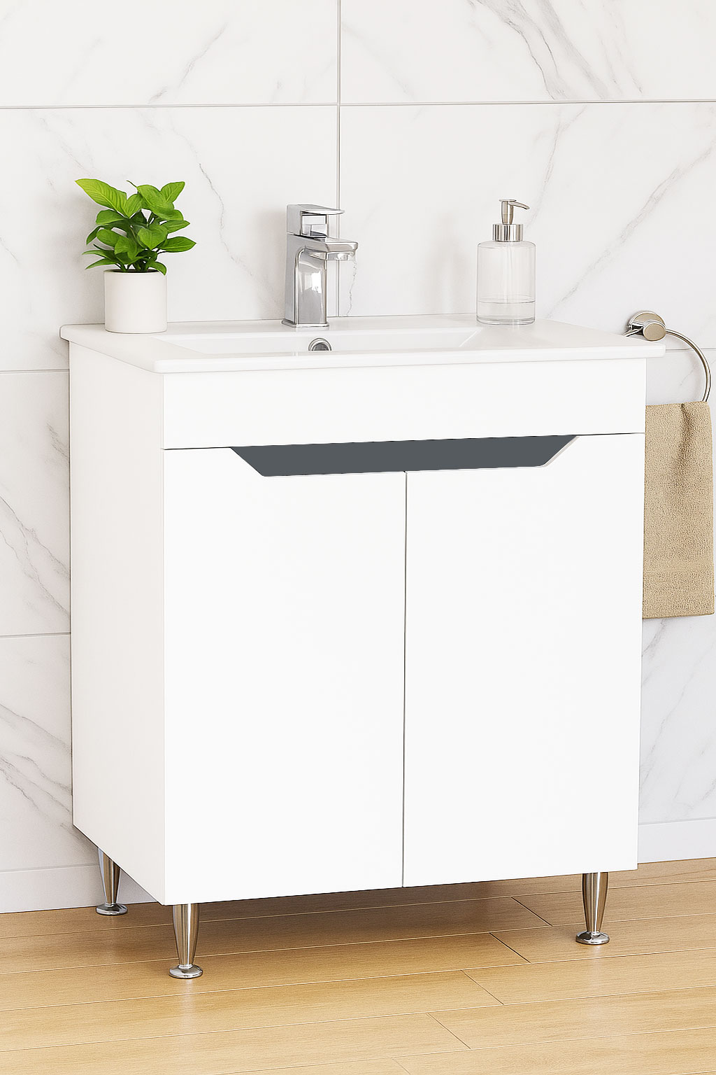 Mobilier Baie MDF și lavoar, Seria 056, 70cm, Alb/Antracit
