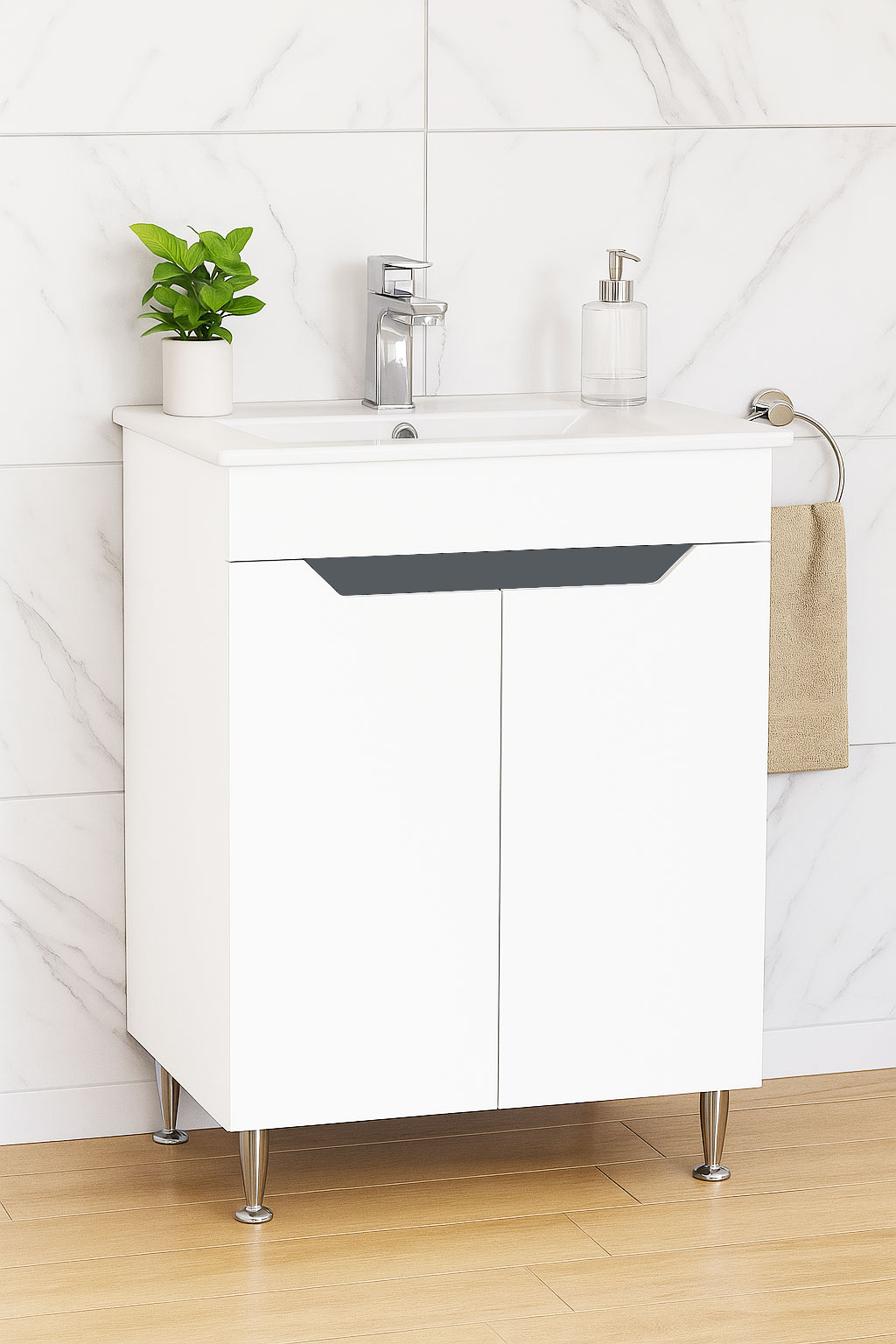 Mobilier Baie MDF și lavoar, Seria 056, 60cm, Alb/Antracit