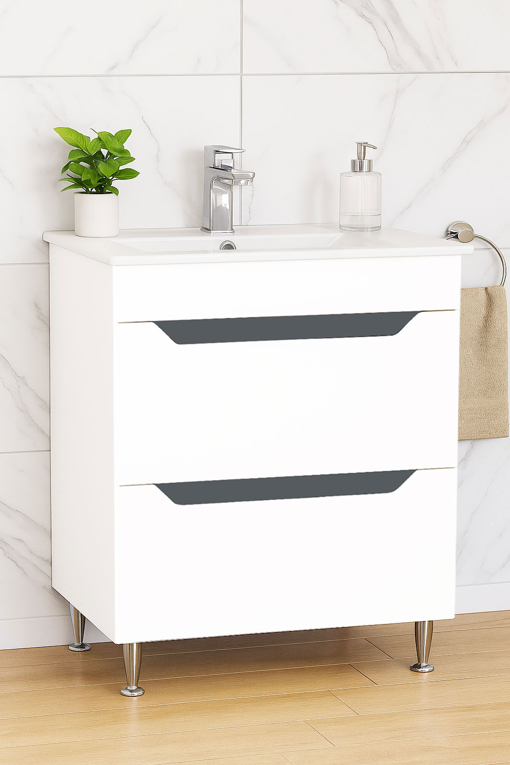 Mobilier Baie MDF și lavoar, Seria 056, Sertare, 70cm, Alb/Antracit